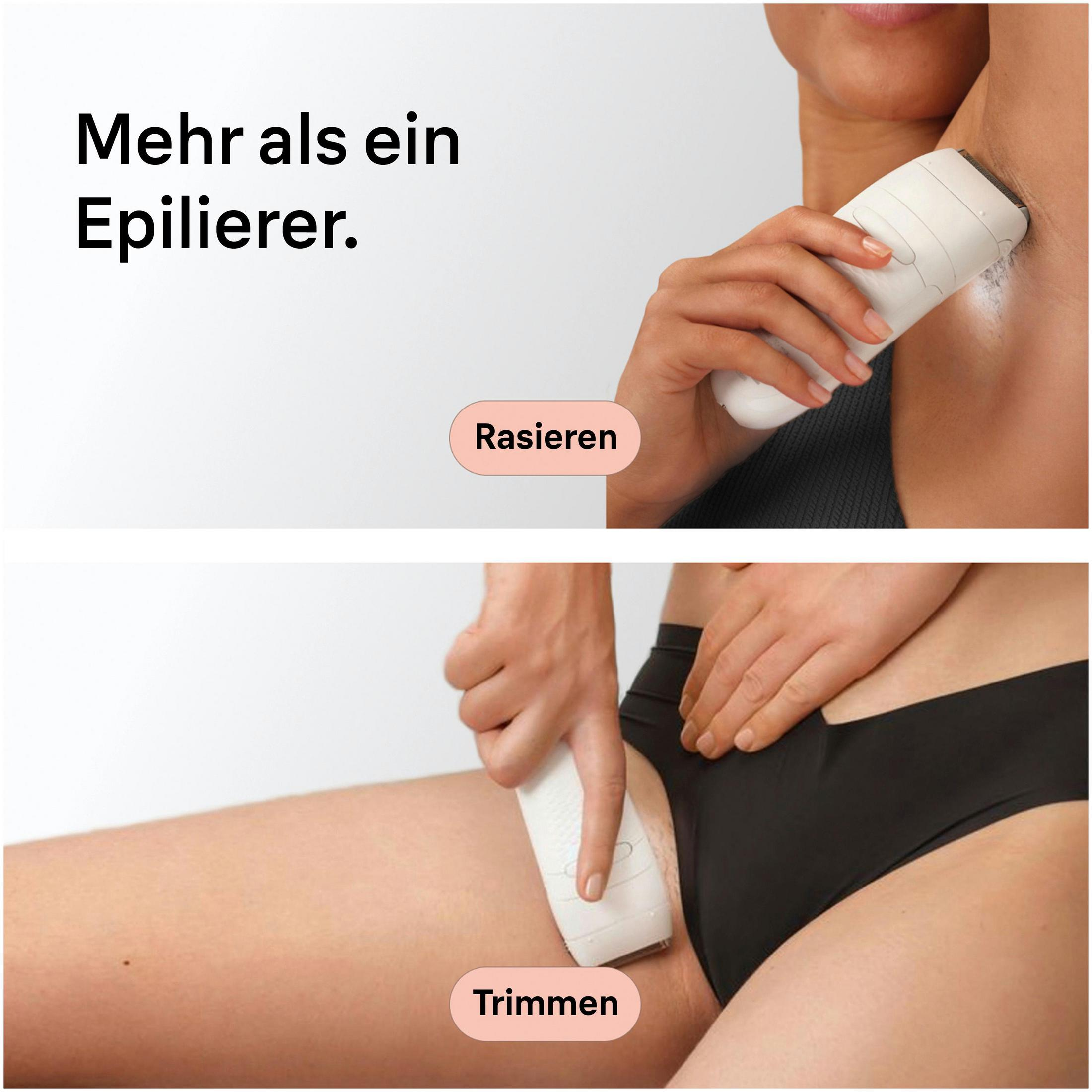 Oben: Eine Hand benutzt einen Rasierer für die Achseln. Unten: Eine Hand benutzt einen Trimmer für den Intimbereich.