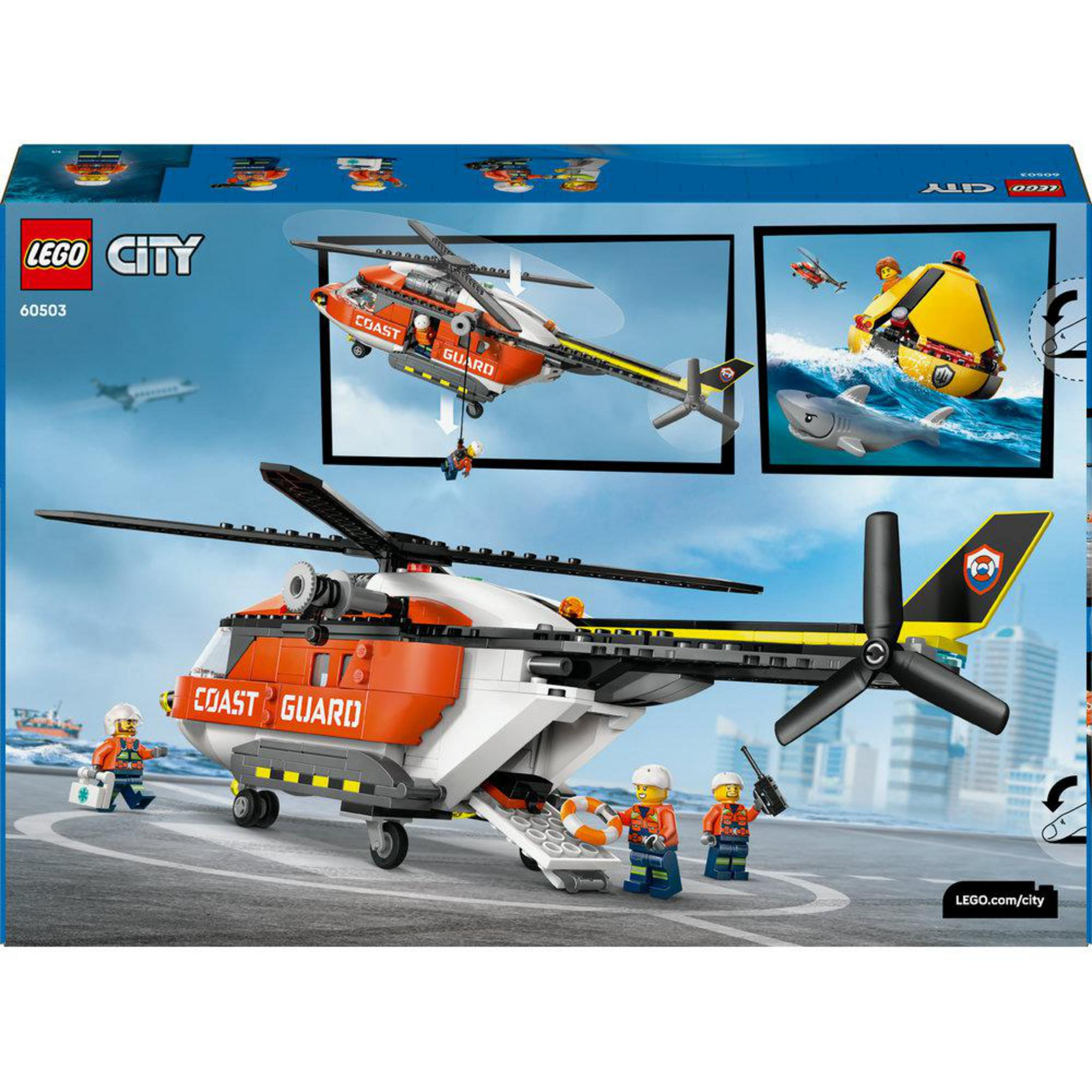Helikopter LEGO City Straż Przybrzeżny z figurkami i łodzią ratunkową.