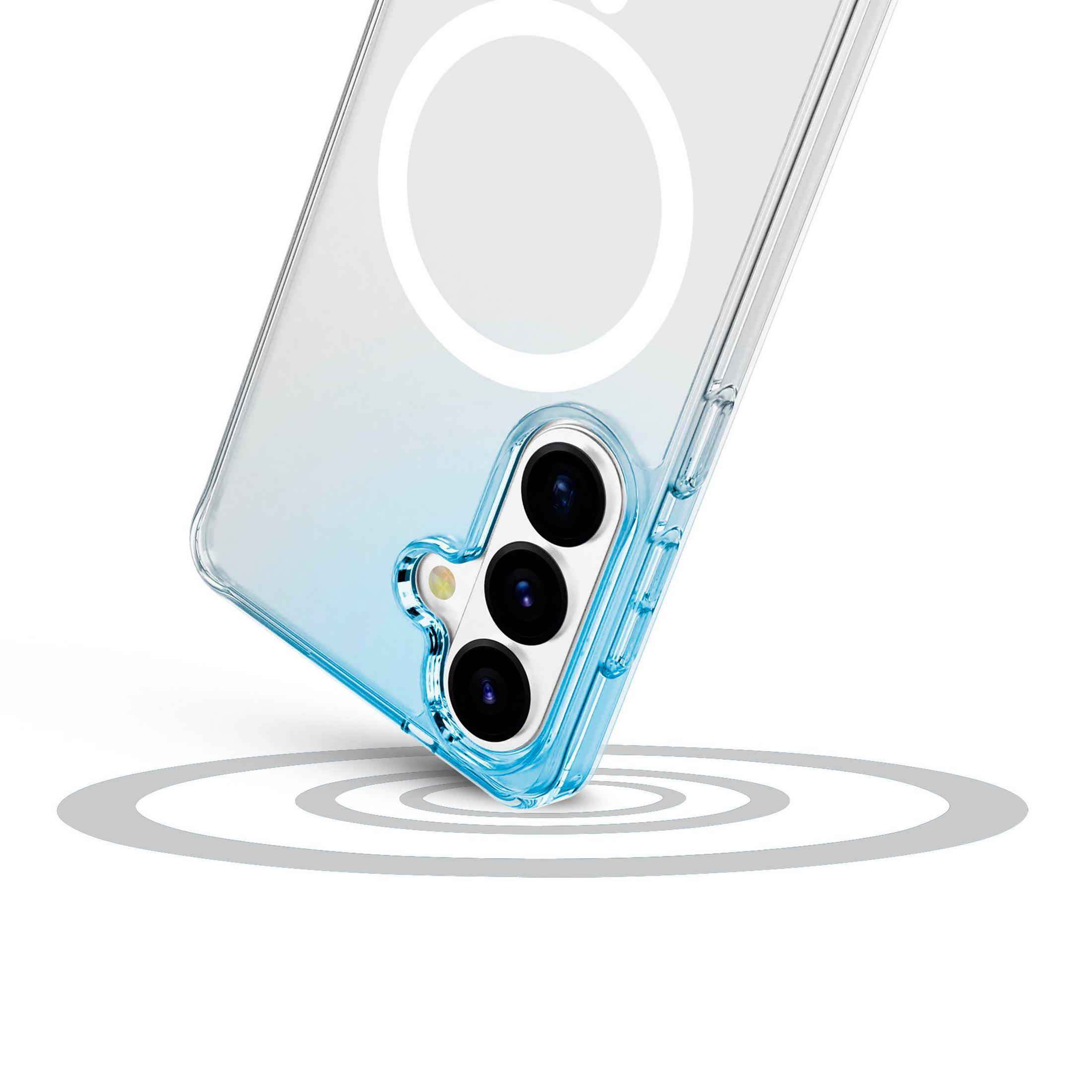 Custodia trasparente per telefono con accenti blu, mostra tre lenti.