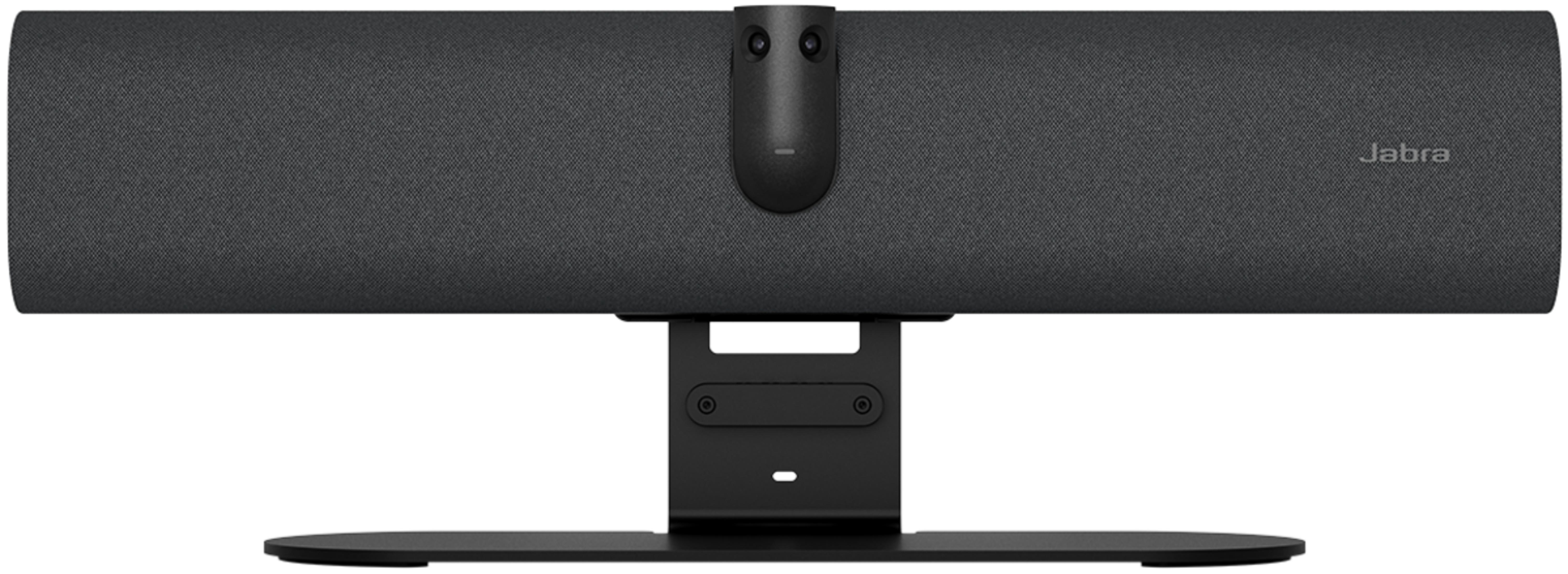 Un dispositivo Jabra per videoconferenze grigio con telecamera integrata su un supporto nero.