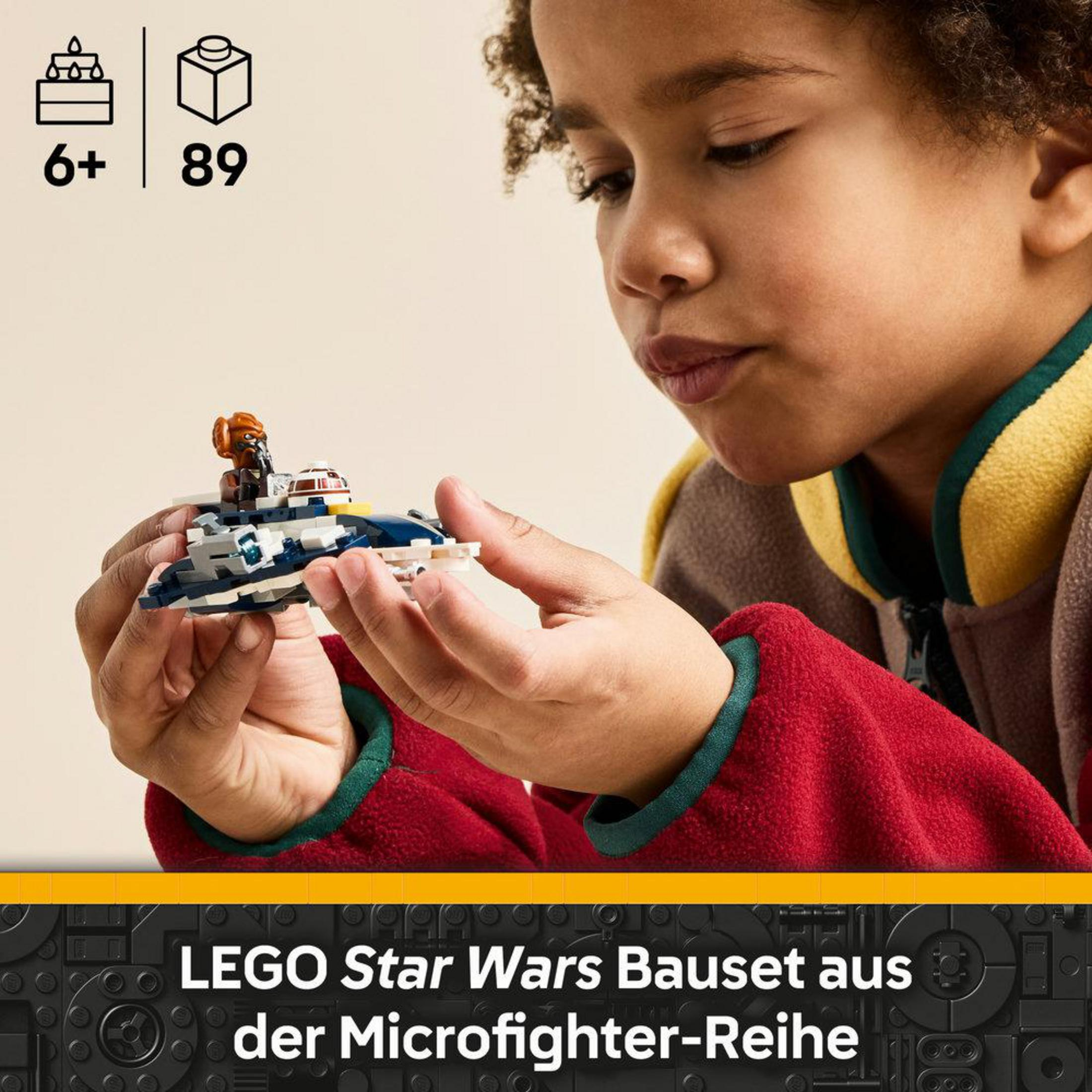 Niño sostiene microfighter Lego Star Wars. Edad 6+, 89 piezas.