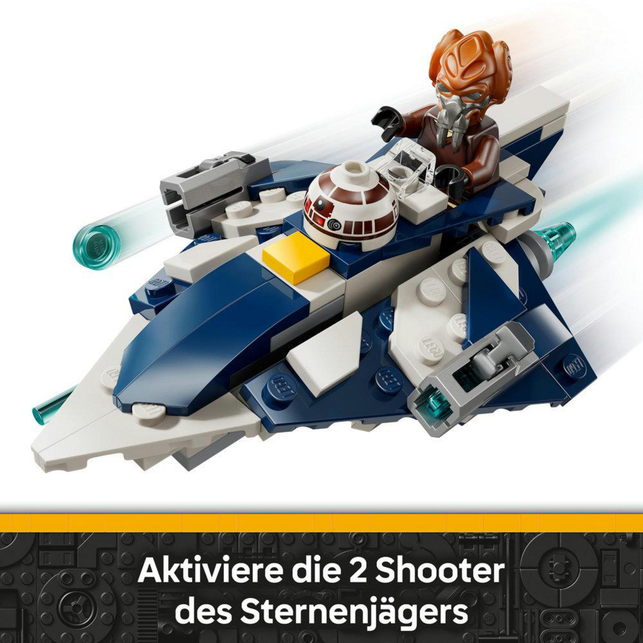 Una nave estelar Lego azul, blanca y gris con figura de piloto.