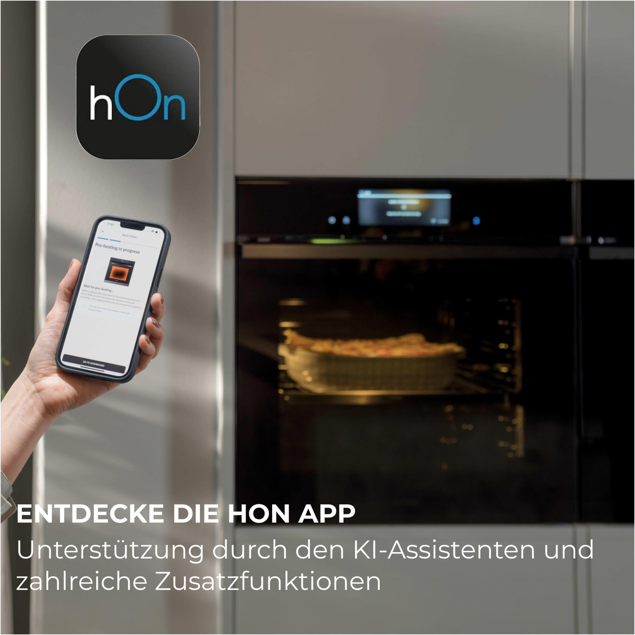 Telefono mostra app forno in preriscaldamento. Forno con cibo all'interno visibile.