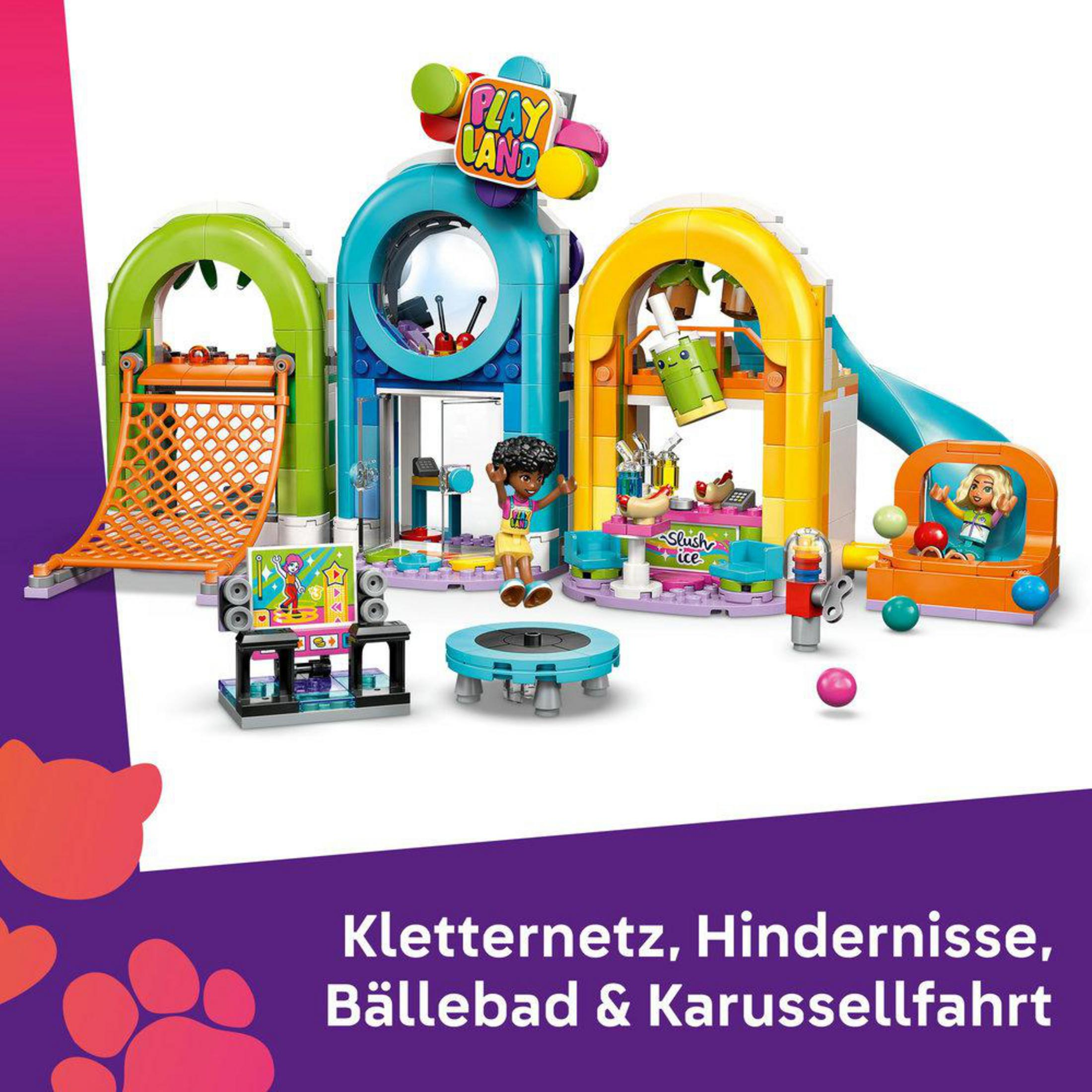 Colorido set de juego LEGO con figuras, trampolín, tobogán y elementos de escalada.