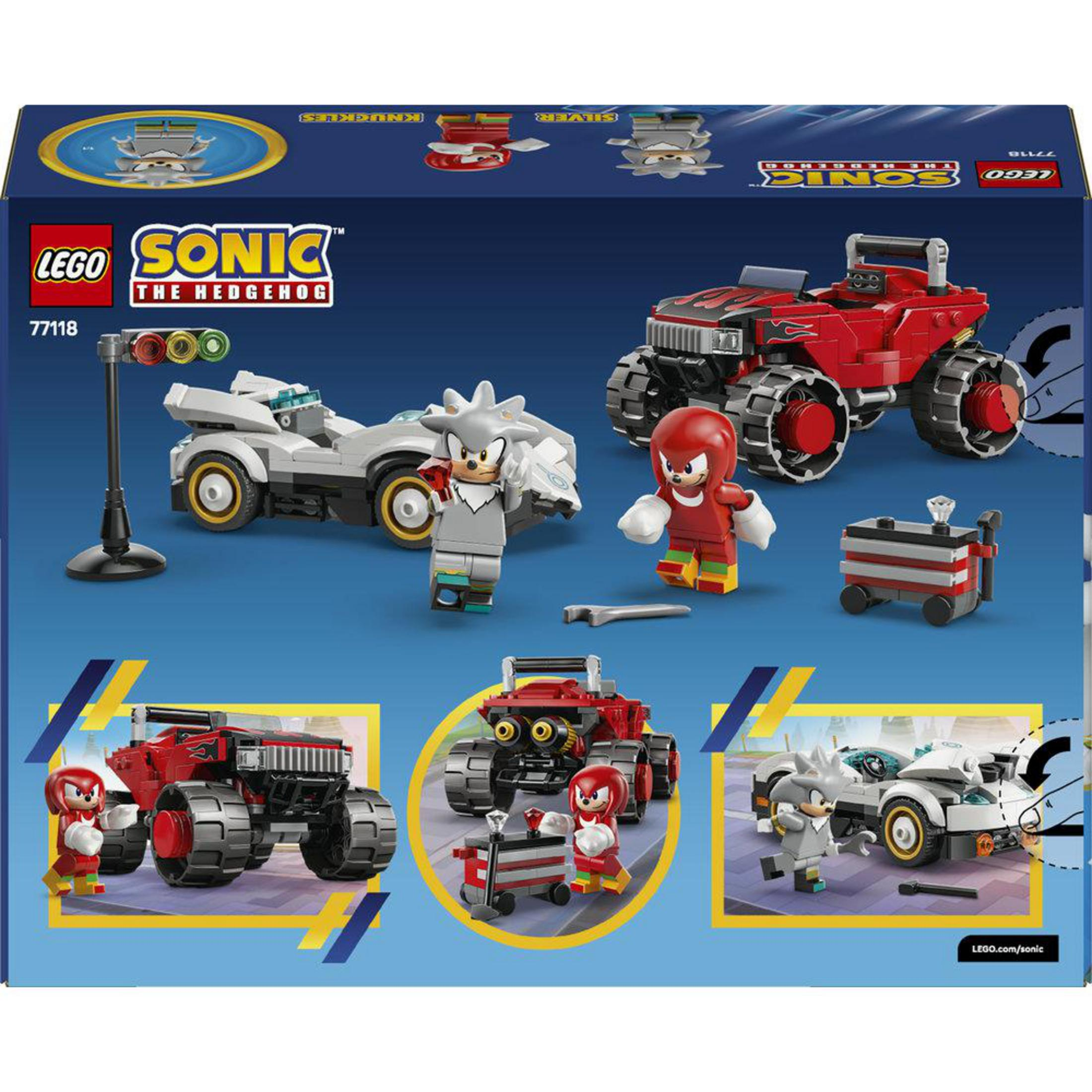 Set de juguetes LEGO Sonic con figuras y vehículos: camión monstruo rojo, coche plateado, figuras de Knuckles y Silver.