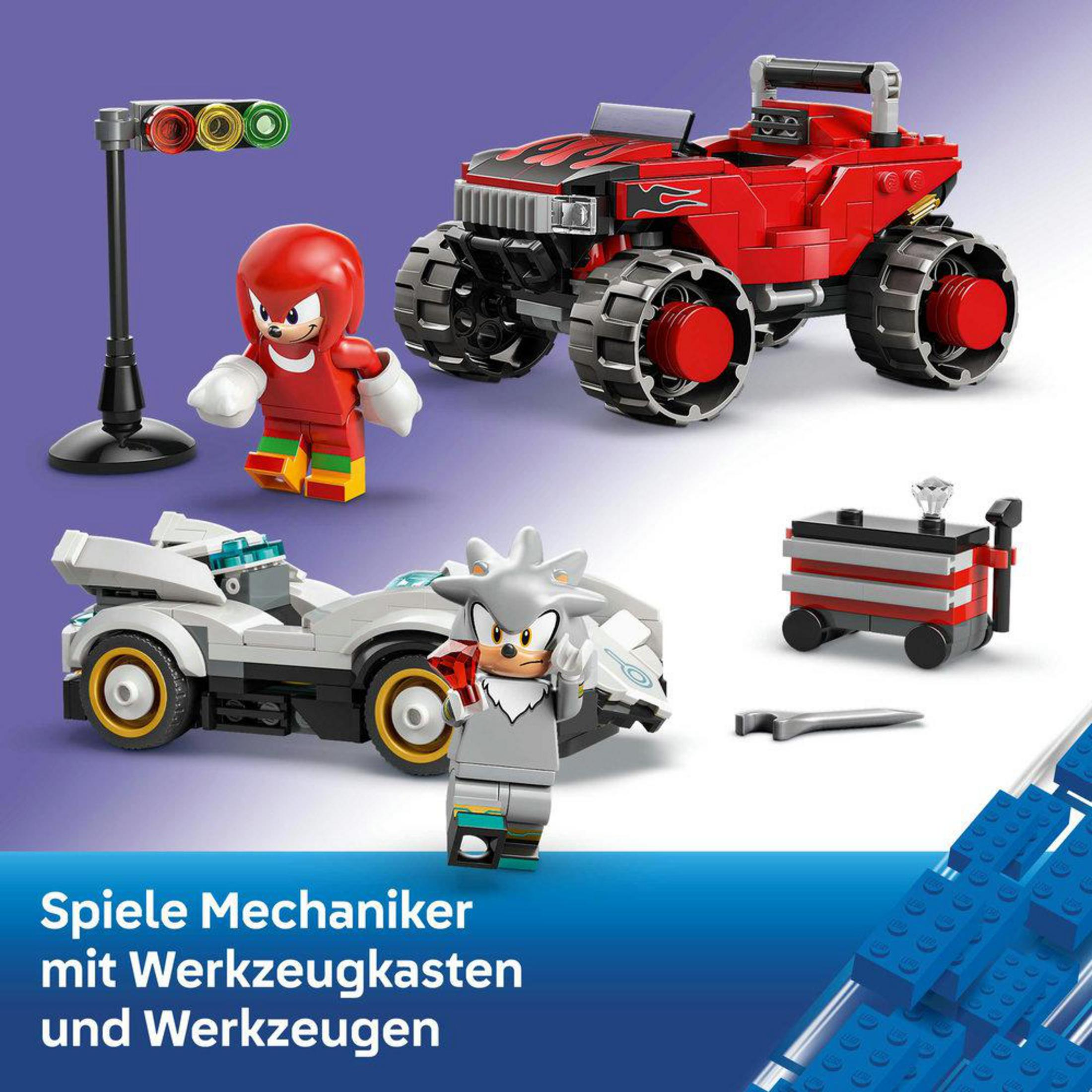 Figuras Lego Knuckles y Silver con vehículos, caja de herramientas y semáforo.