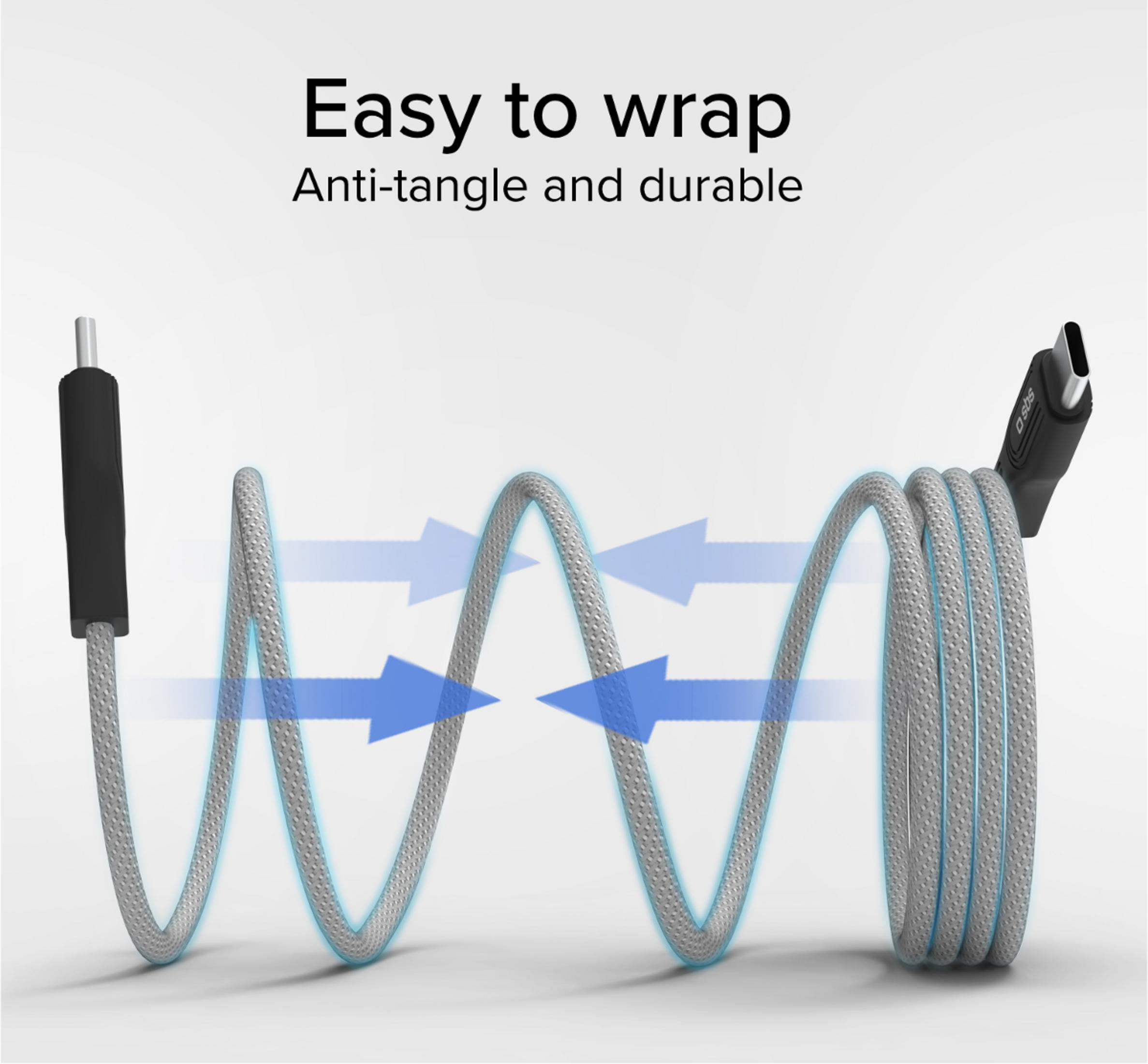 Un cable trenzado gris con conectores USB-C y USB-A, enrollado con flechas.