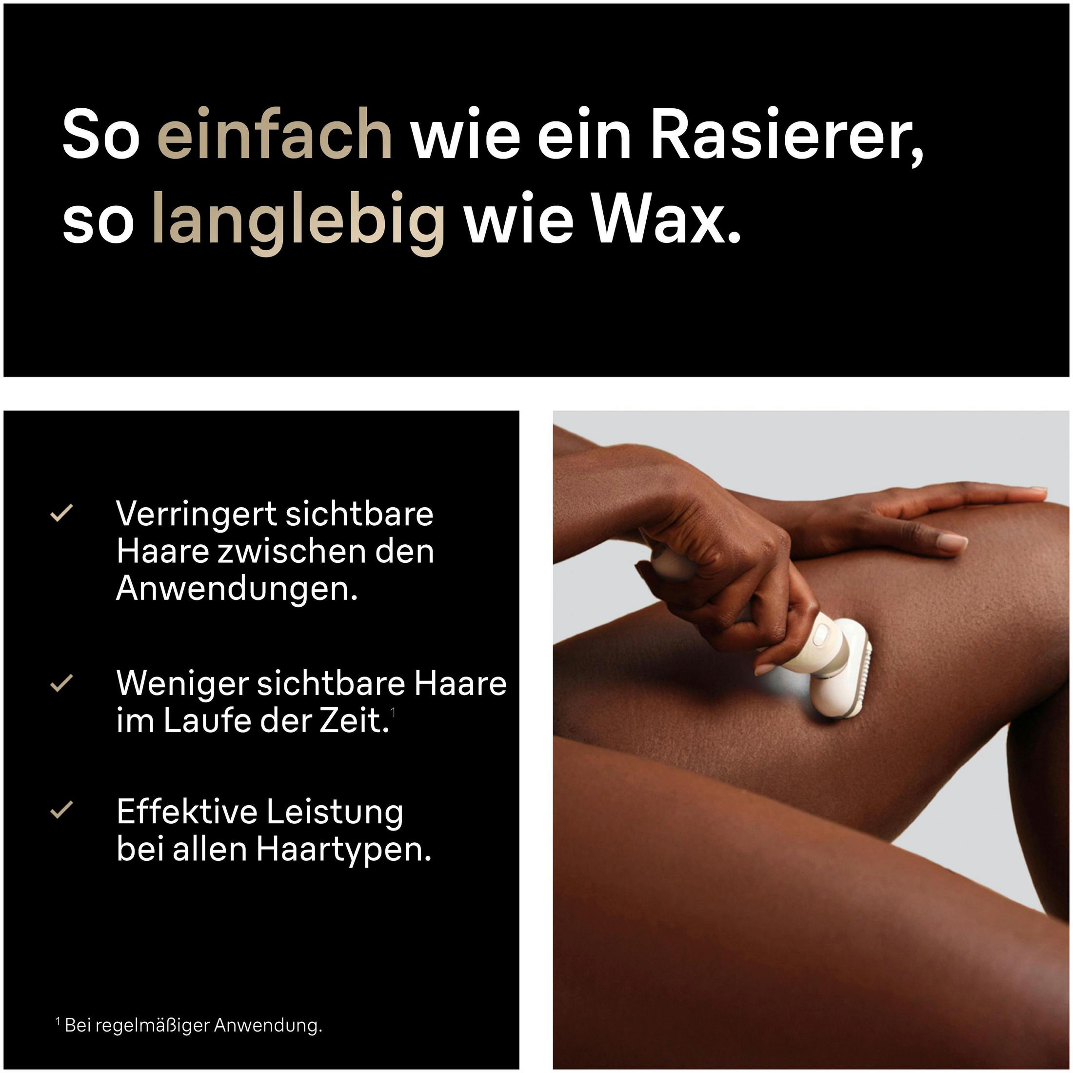 Eine Hand benutzt einen Epilierer am Bein. Text bewirbt einfache und langlebige Haarentfernung.