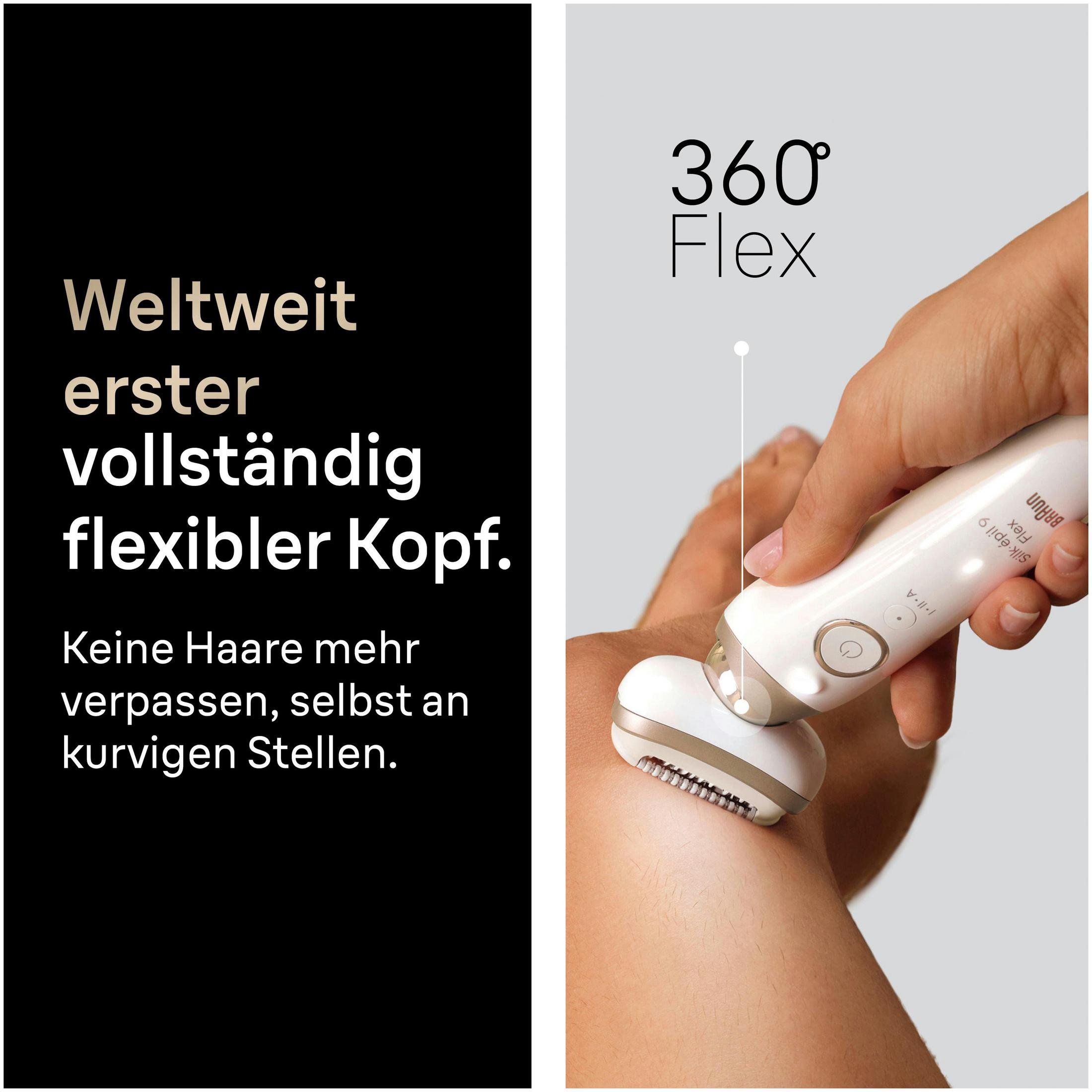 Eine Hand hält einen weißen Epilierer, der an einem Bein mit feinen Haaren verwendet wird.