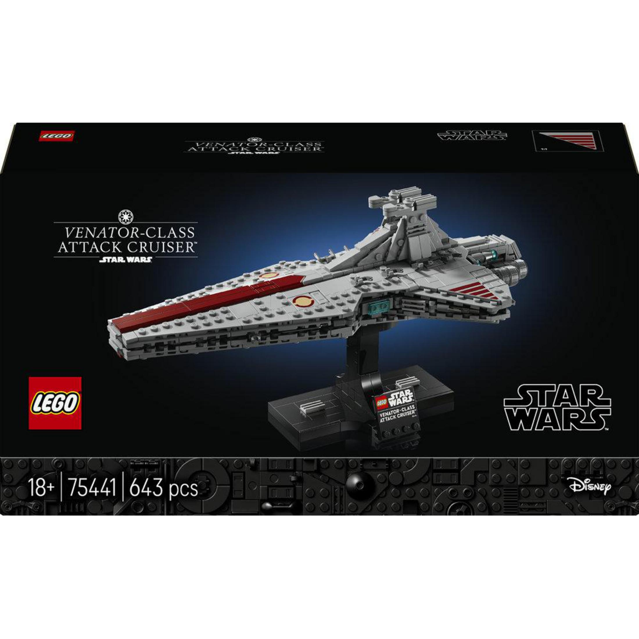 Model LEGO Star Wars Niszczyciel klasy Venator na podstawce.