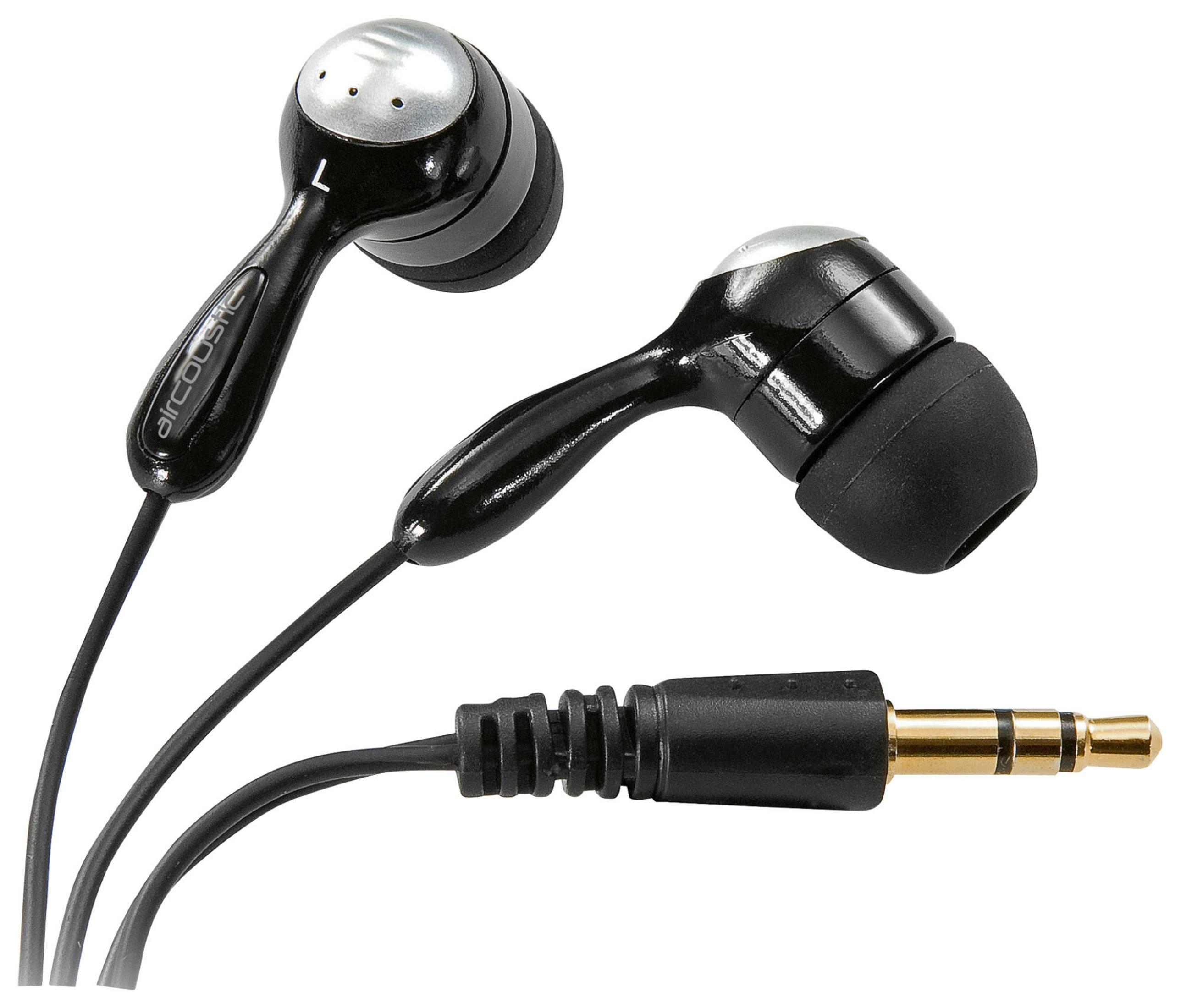 Auricolari neri con accenti argentati e jack audio da 3,5 mm.
