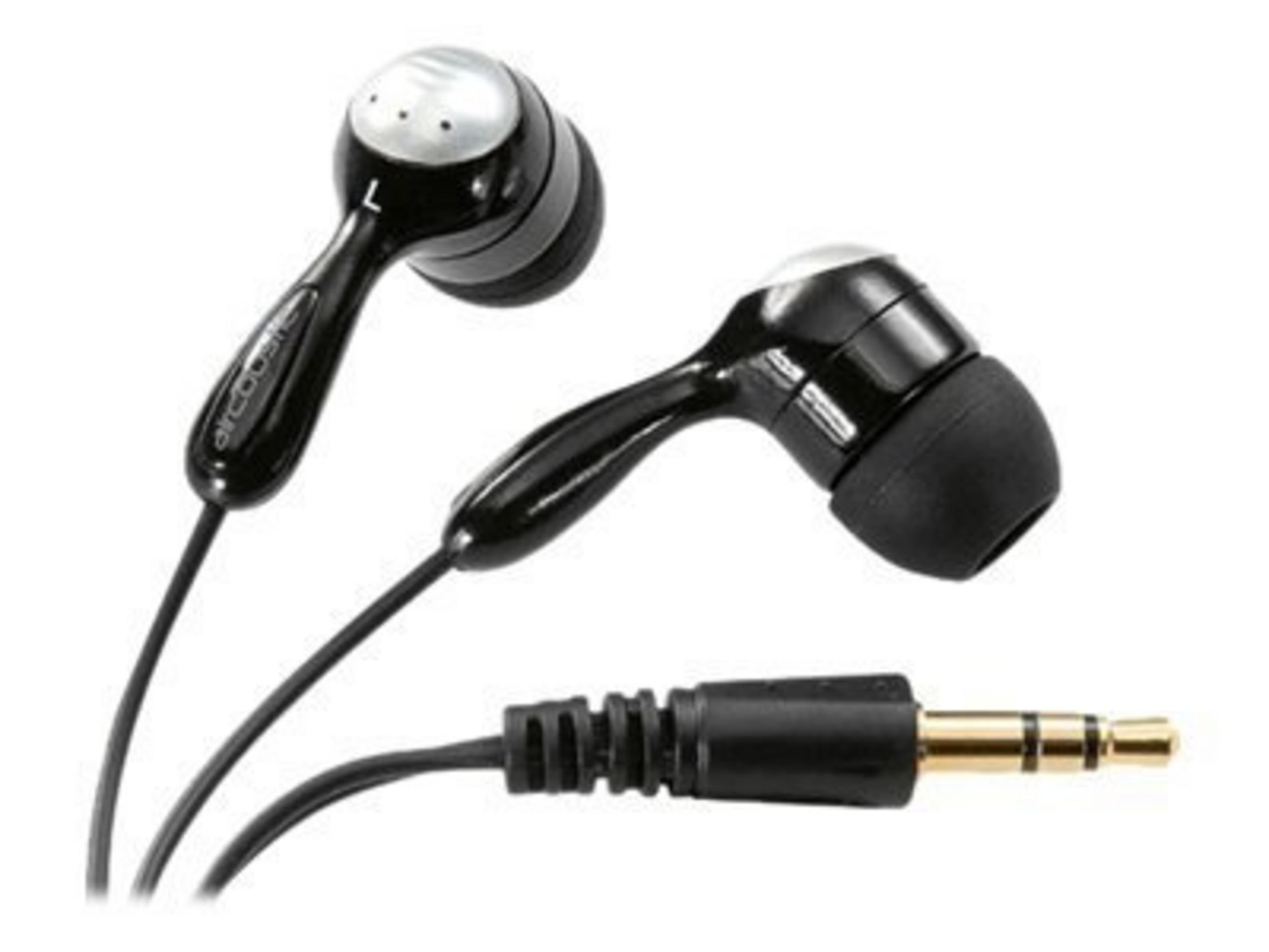 Auricolari neri con accenti argentati e jack audio da 3,5 mm.