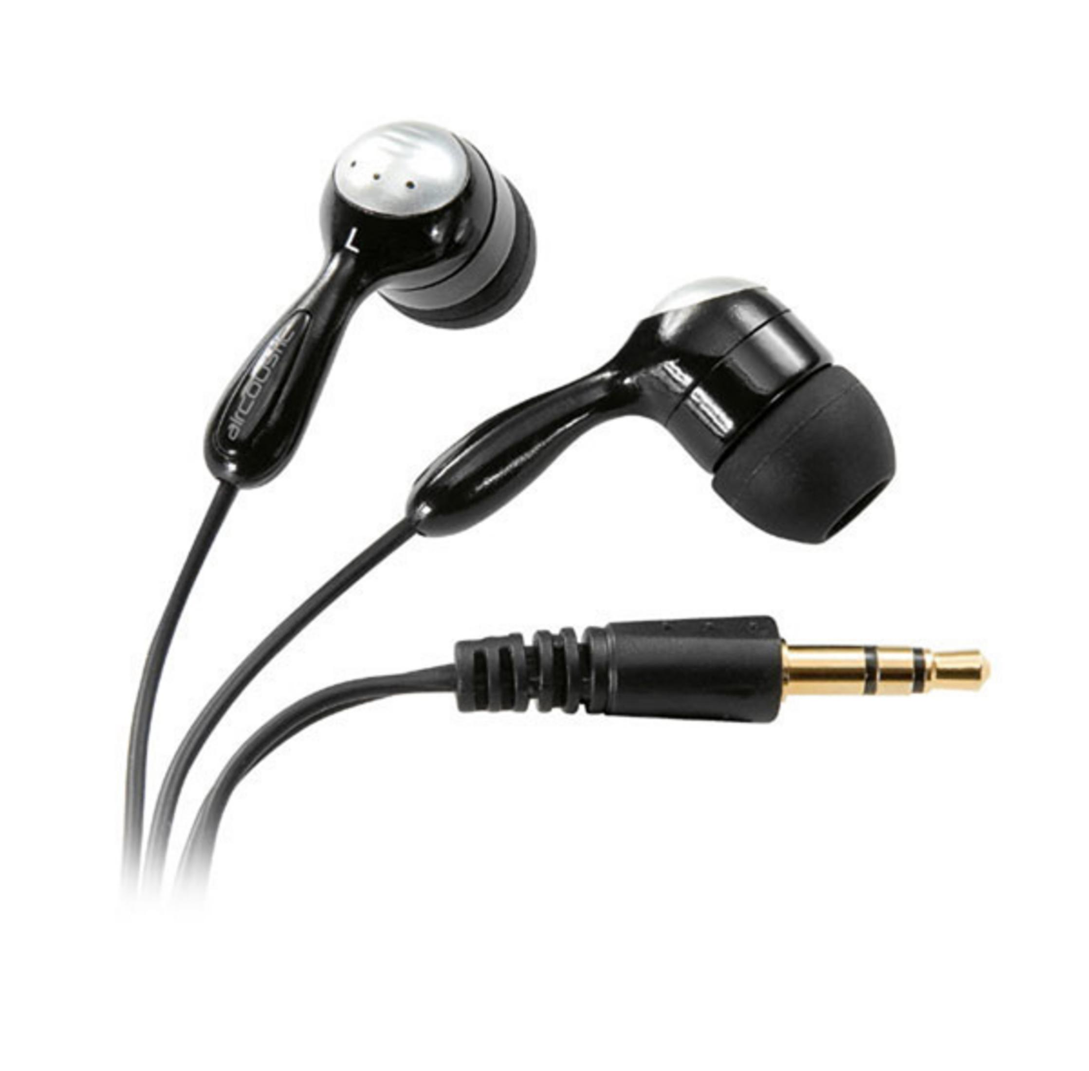 Auricolari in-ear neri con accenti argentati e jack da 3,5 mm.