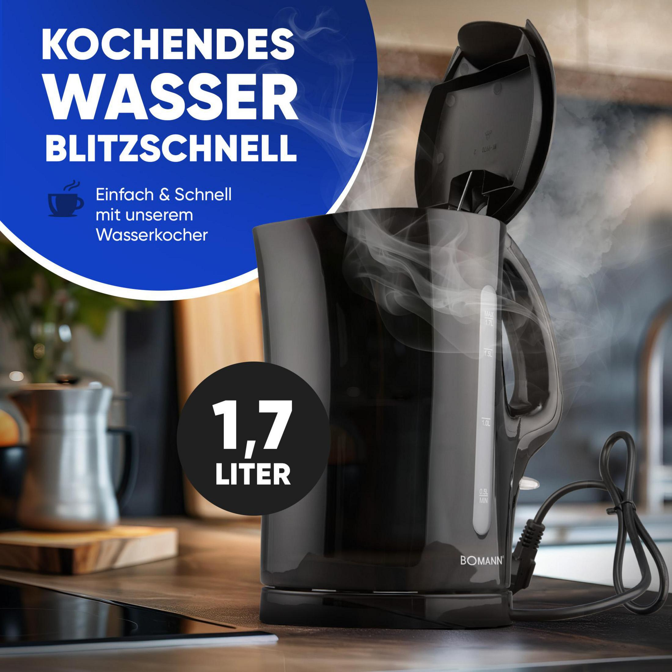 Ein schwarzer Wasserkocher mit 1,7 Liter Kapazität, der Dampf ausstößt.