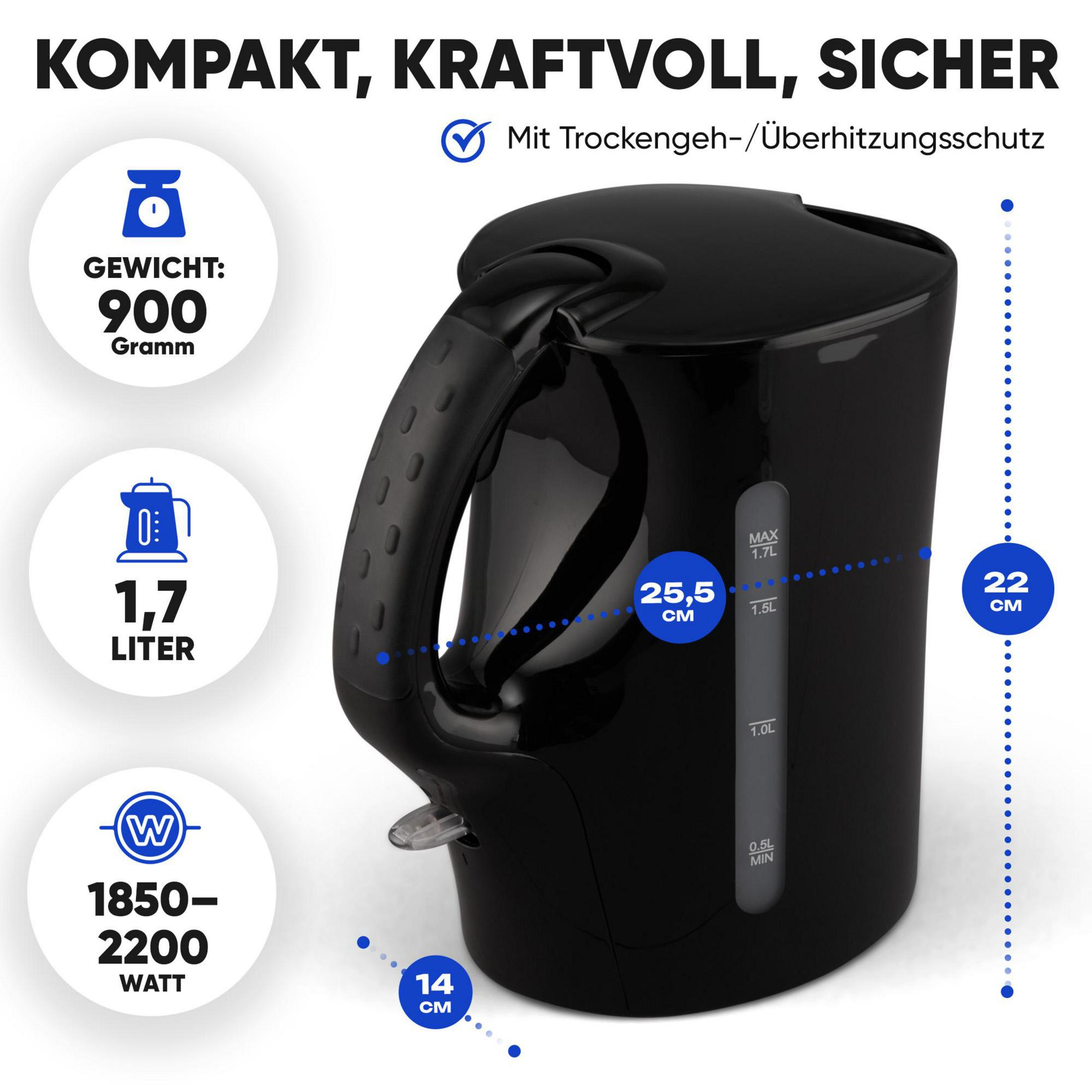 Schwarzer Wasserkocher mit Trockengehschutz, 1,7L, 900g, 2200W, H:25.5cm, B:14cm.