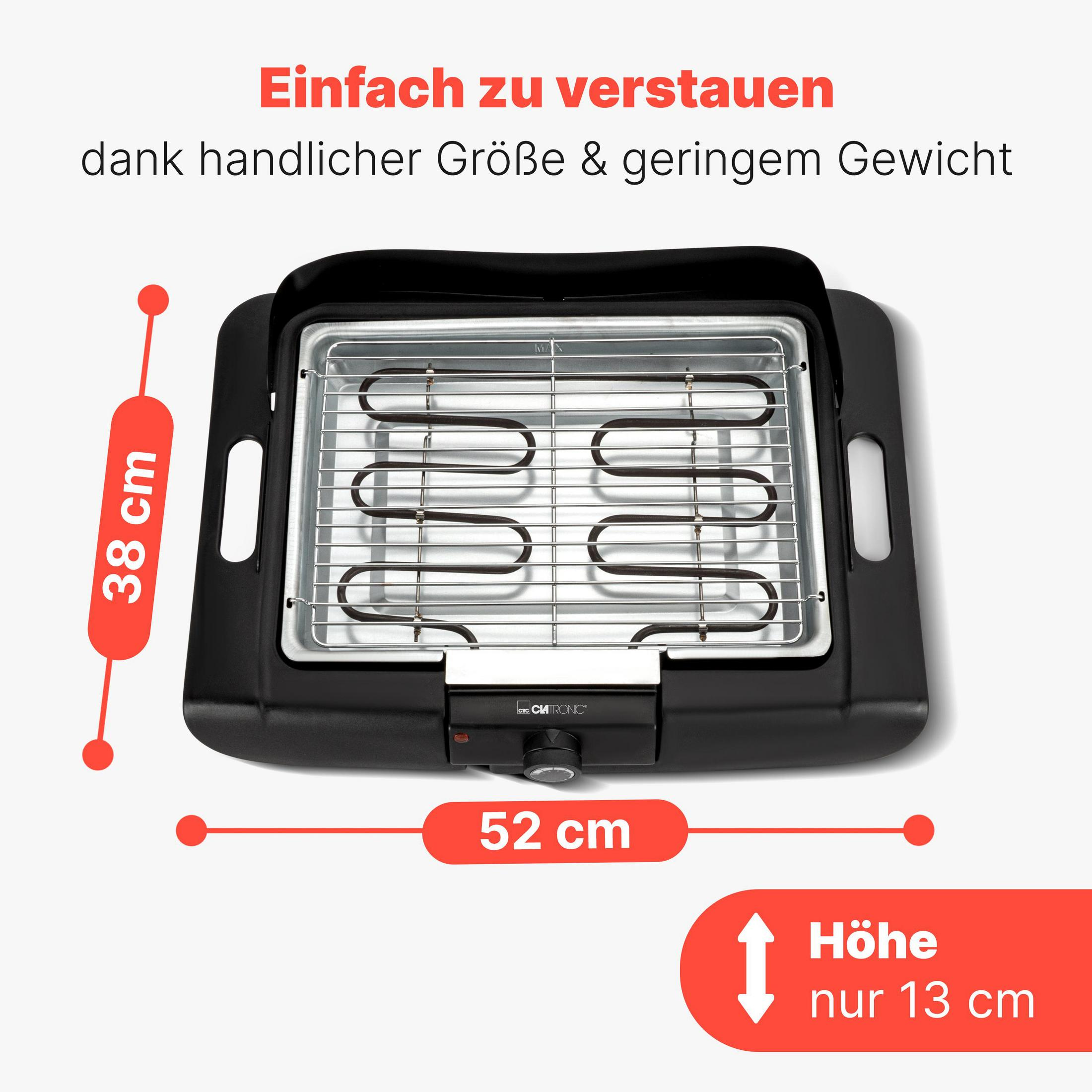 Eine schwarze Elektrogrillplatte mit Chromgrill und Heizspiralen. Maße: 52x38x13cm.
