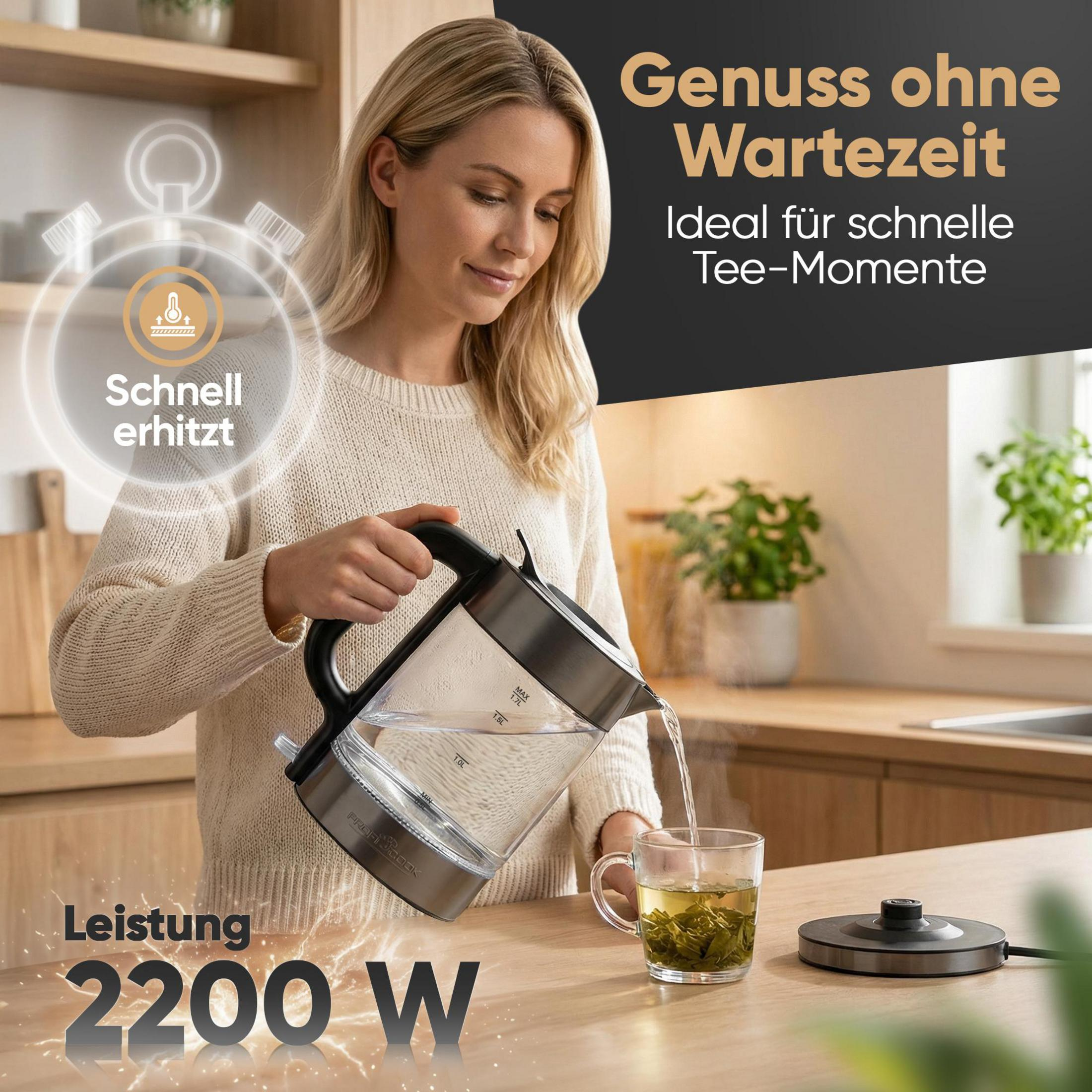 Una donna versa acqua calda da un bollitore in una tazza da tè. 2200W.