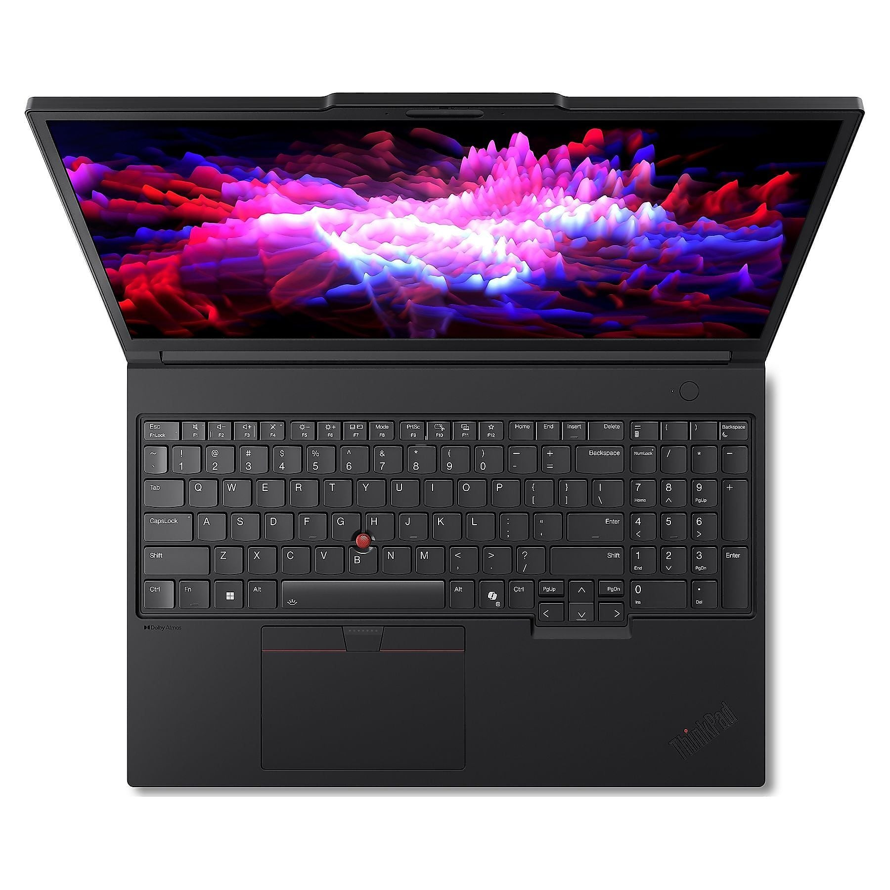 Un laptop nero aperto mostra uno sfondo astratto e vibrante con tonalità rosa, blu e rosse.