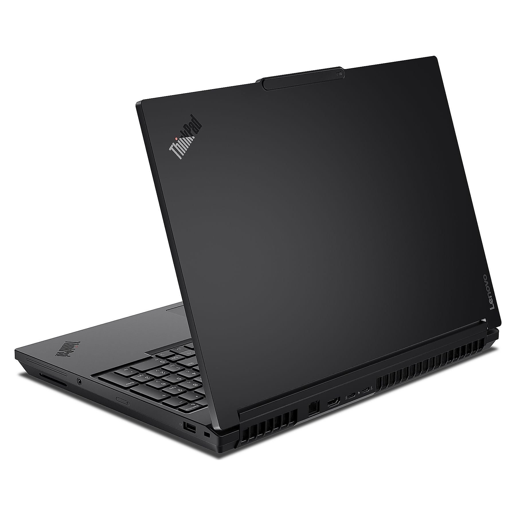 Un laptop Lenovo ThinkPad nero chiuso con logo ThinkPad illuminato.