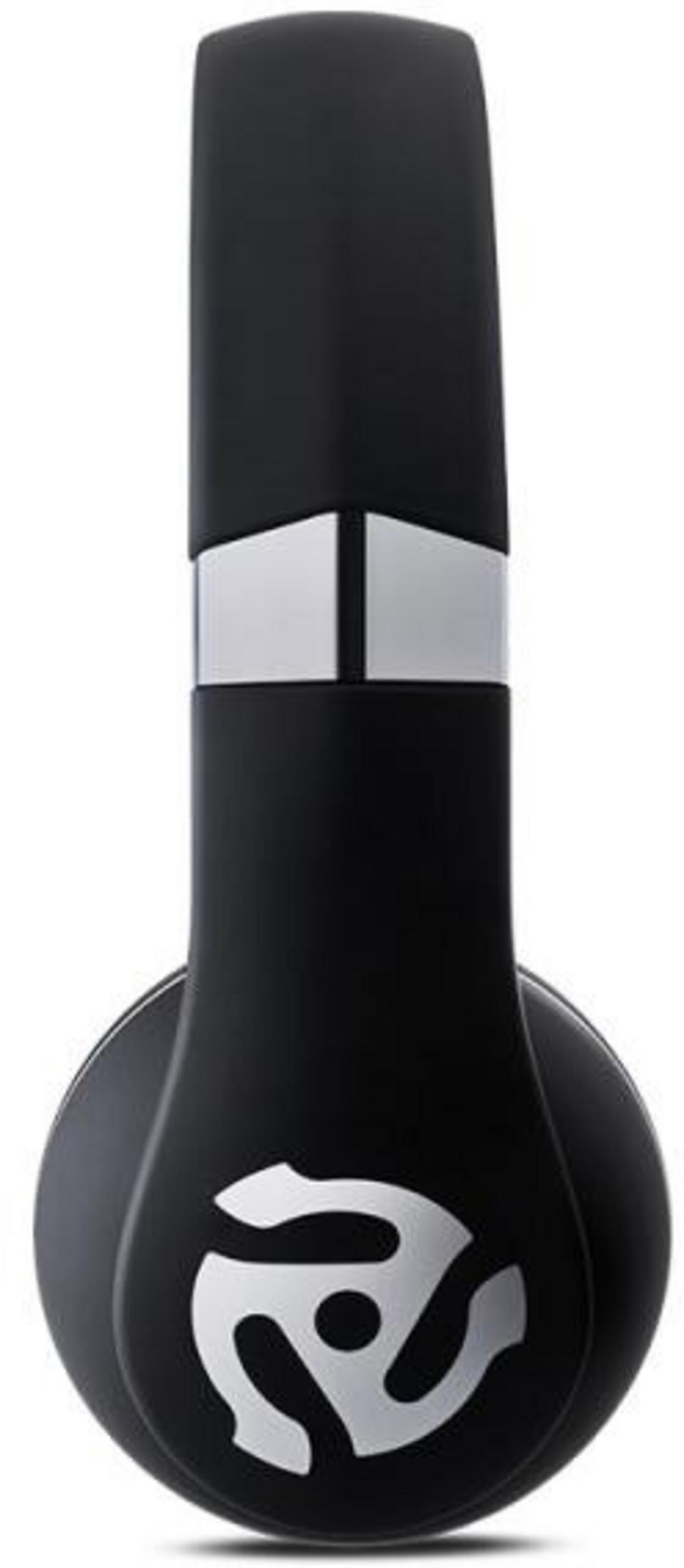 Cuffie nere con accenti argentati e simbolo adattatore 45 giri.