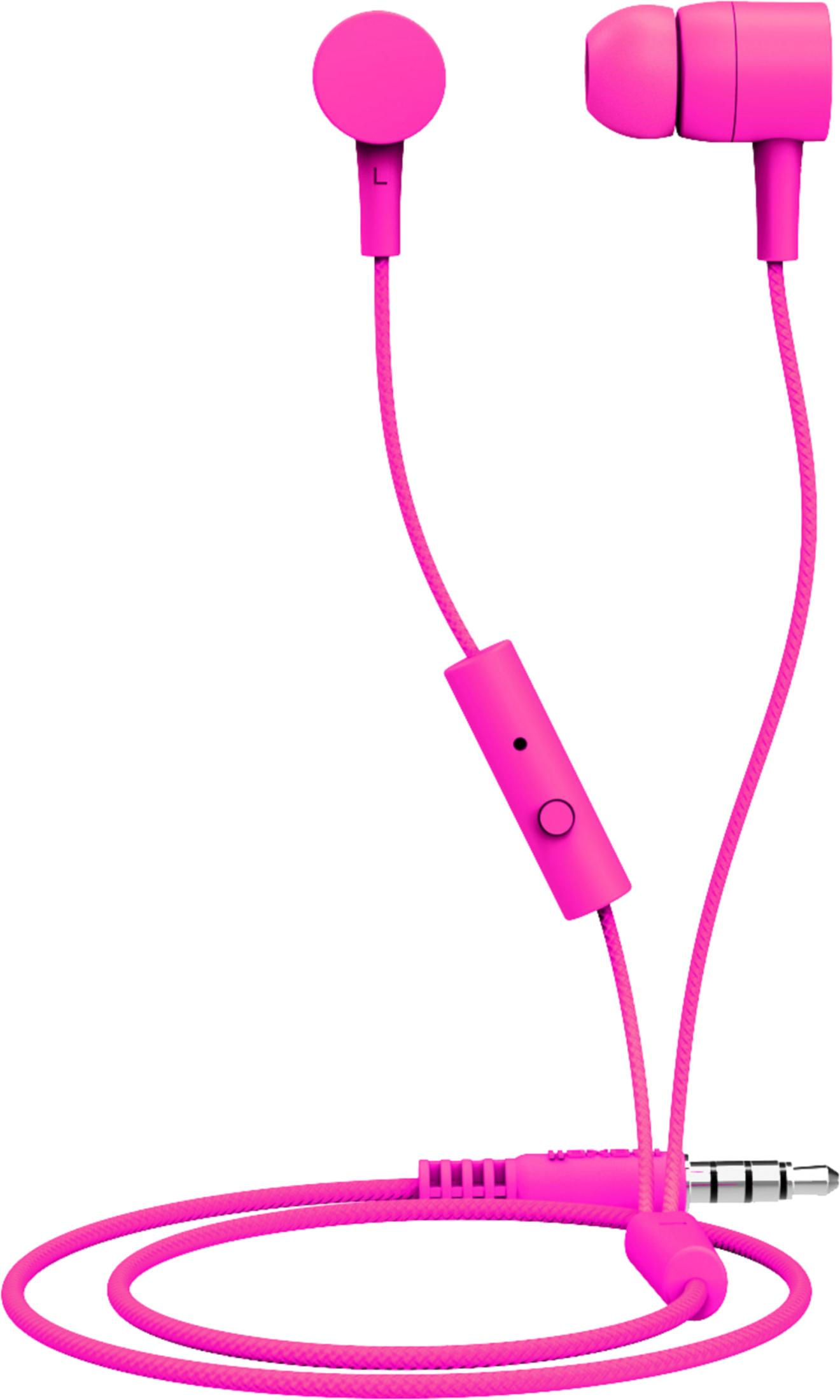 Un par de auriculares intrauditivos rosas brillantes con cable y conector.