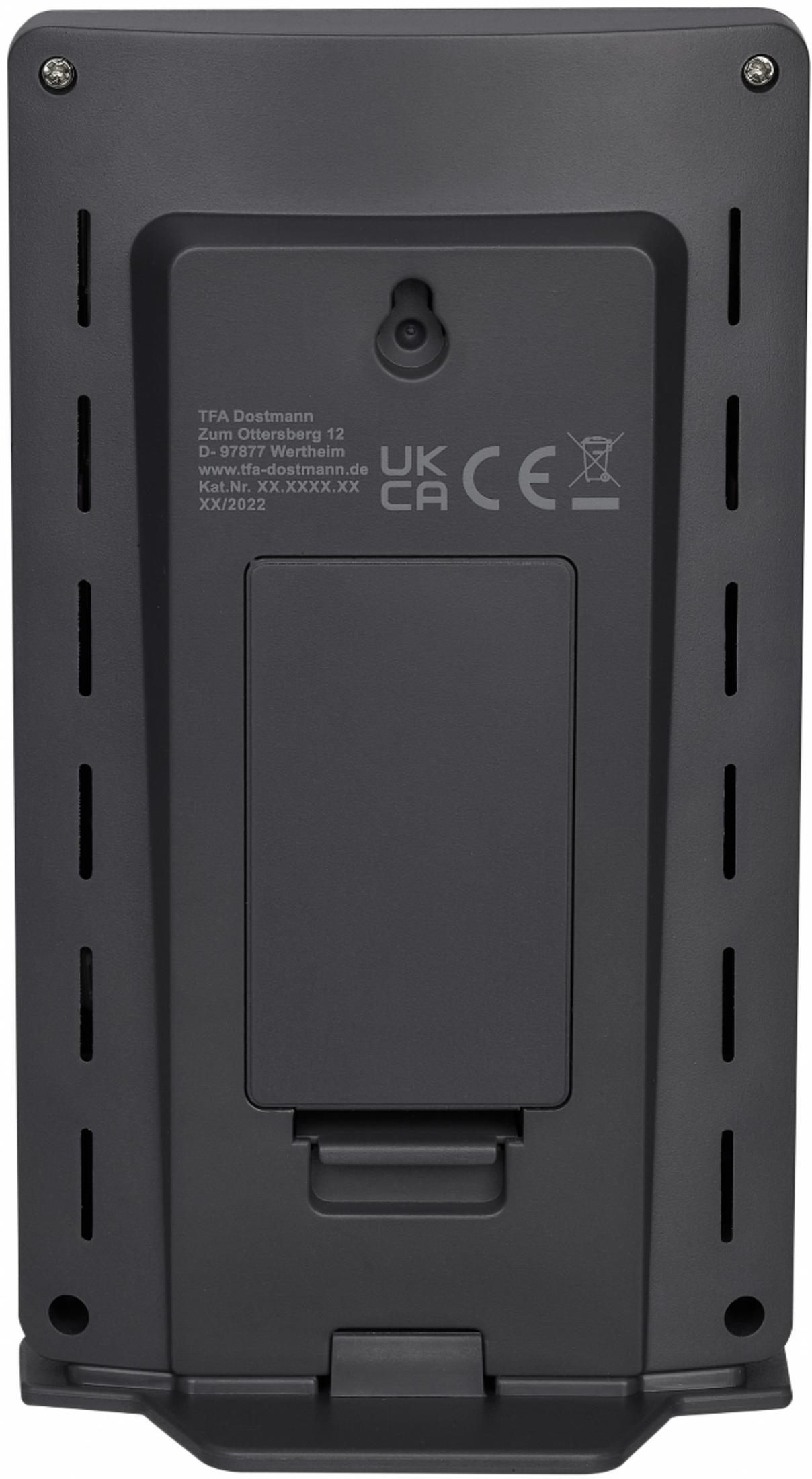 Arrière d'un appareil noir avec informations fabricant et marques de certification.