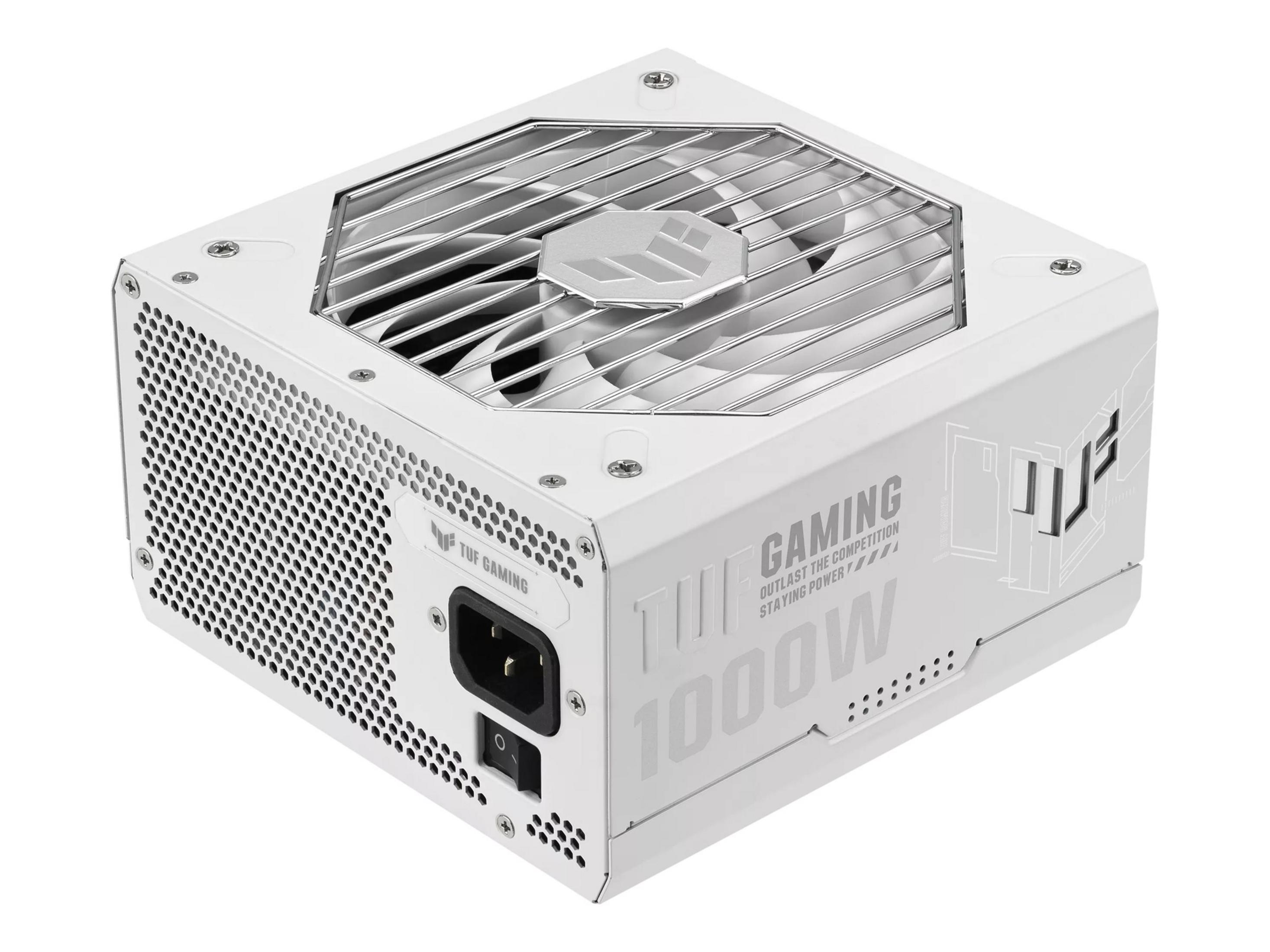 Biały zasilacz komputerowy z srebrną kratką wentylatora i napisem "TUF GAMING 1000W".