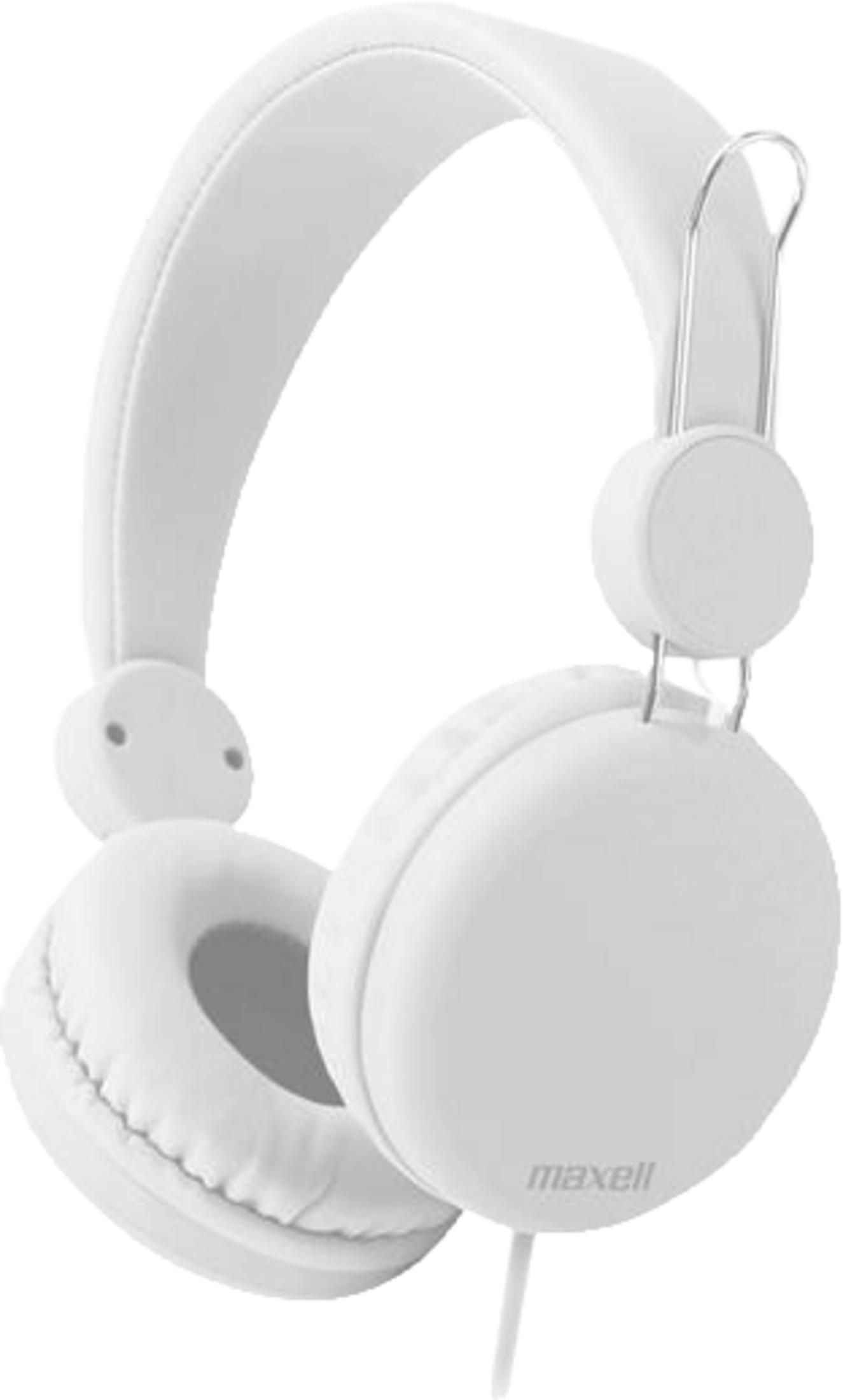 Cuffie bianche Maxell con archetto e padiglioni imbottiti.