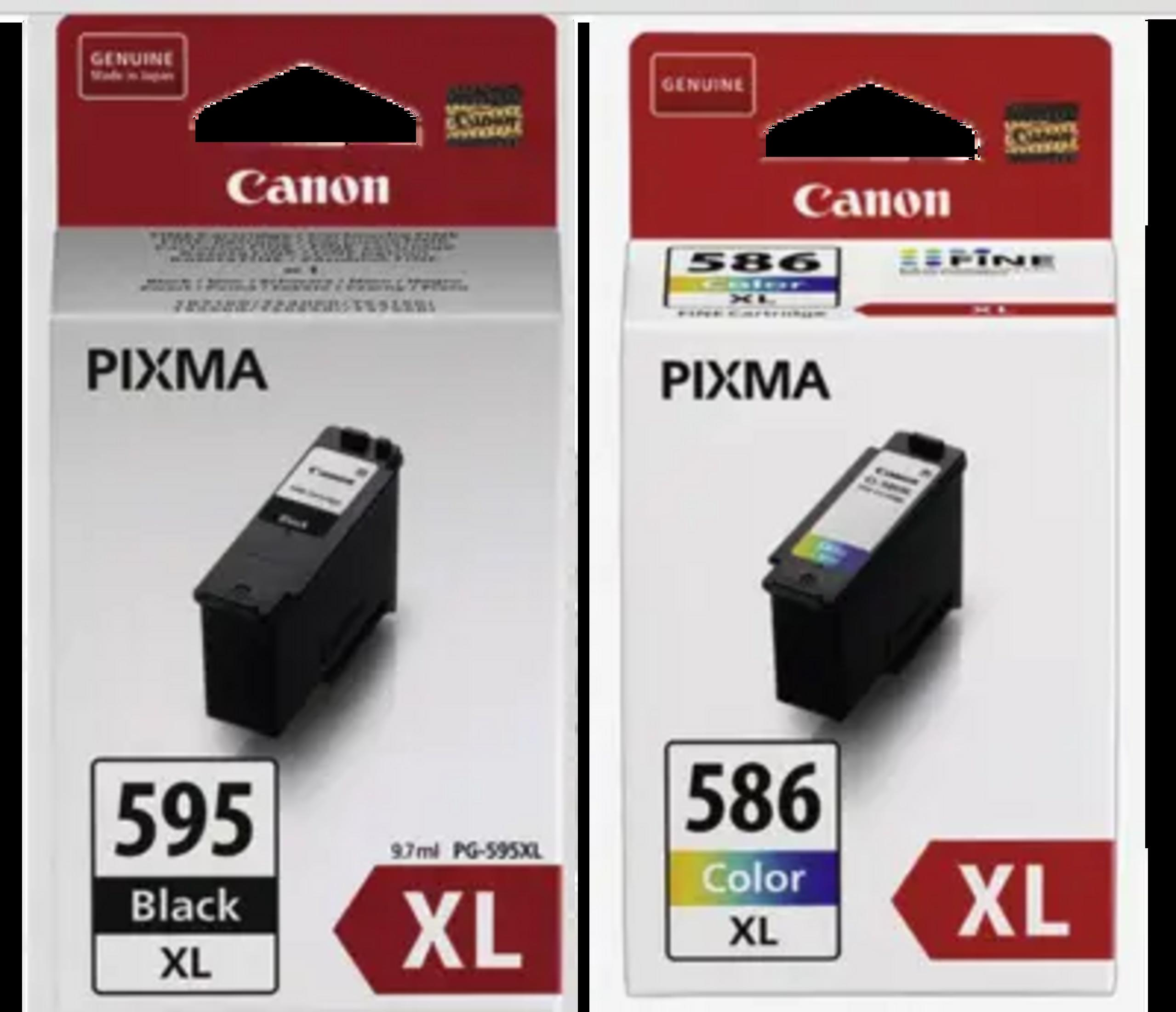 Zwei Canon Pixma Tintenpatronen: eine schwarze 595 XL und eine Farbpatrone 586 XL.