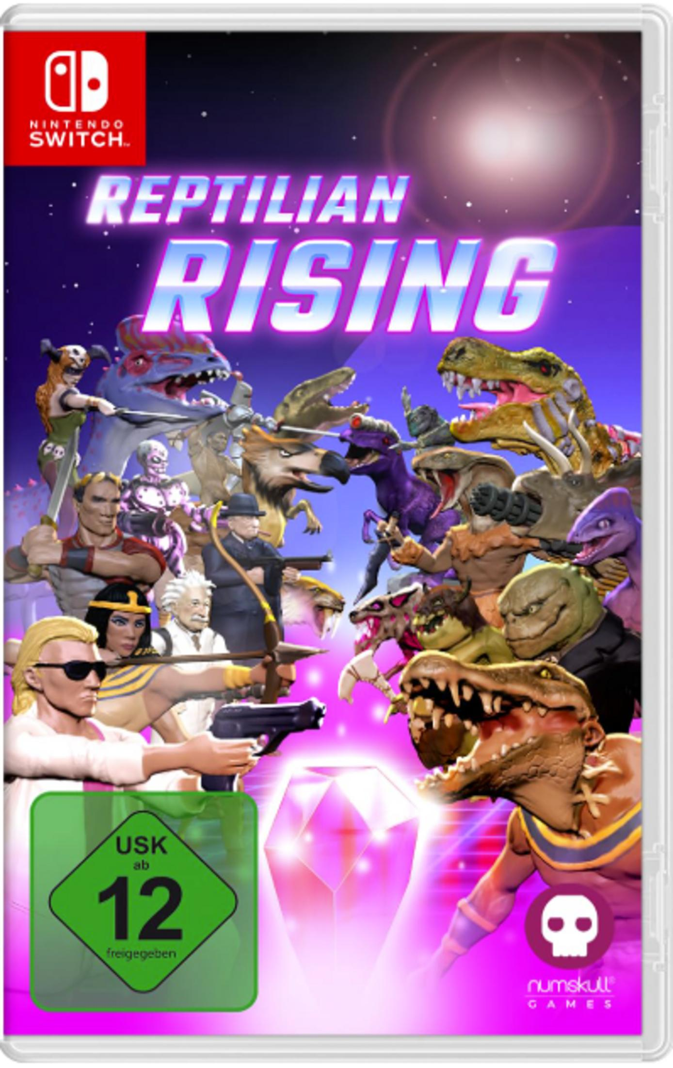 Copertina del gioco Reptilian Rising con vari personaggi e mostri.
