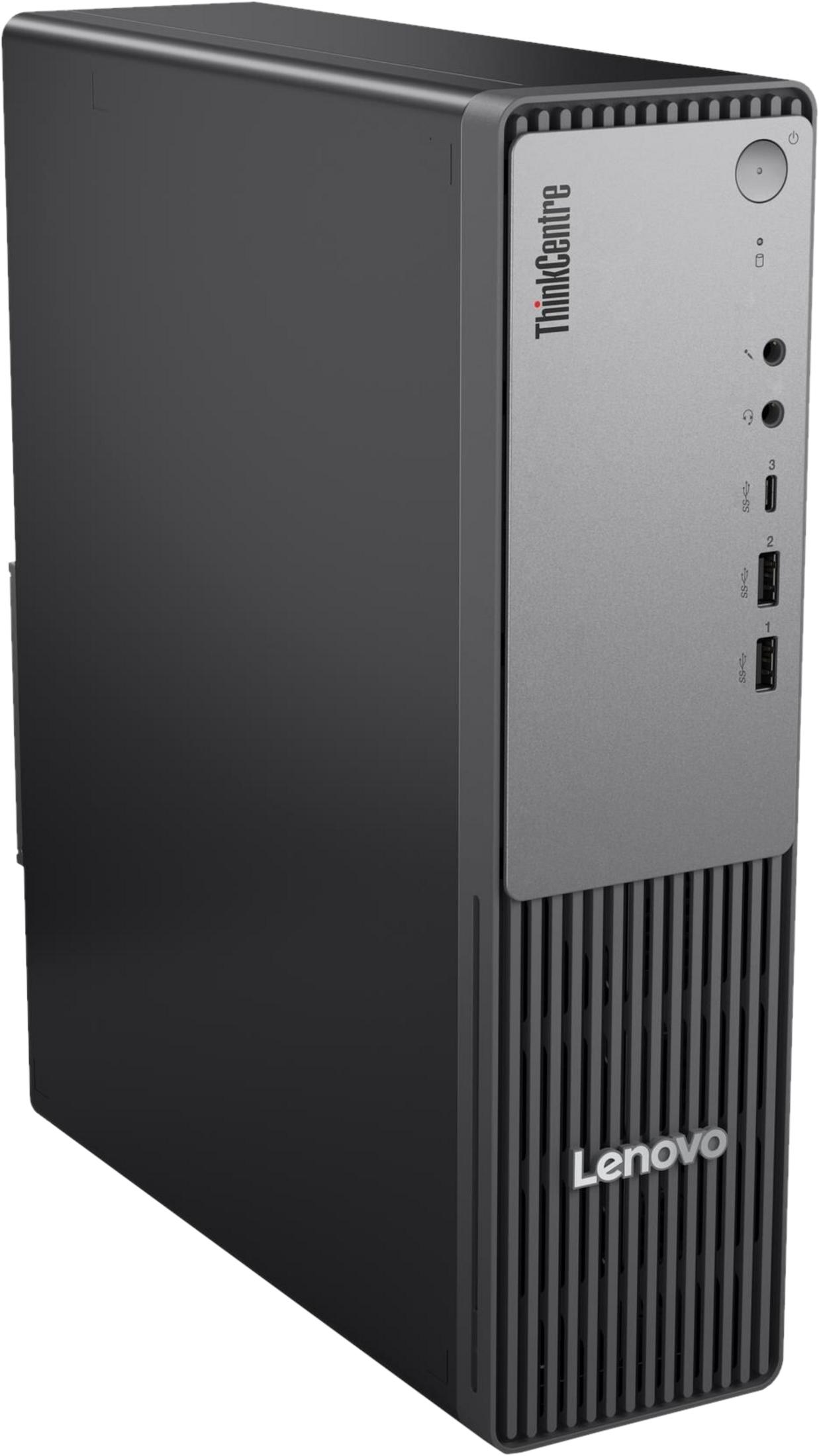 Un computer desktop Lenovo ThinkCentre nero con pannello frontale argentato.