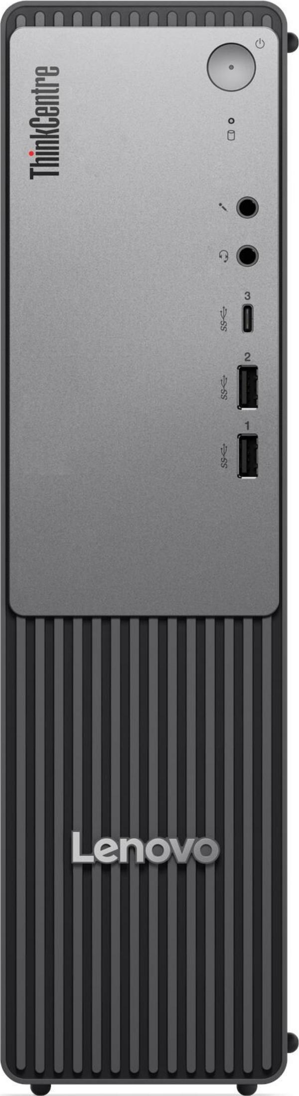 Pannello frontale di un computer desktop Lenovo ThinkCentre con porte USB e pulsante di accensione.