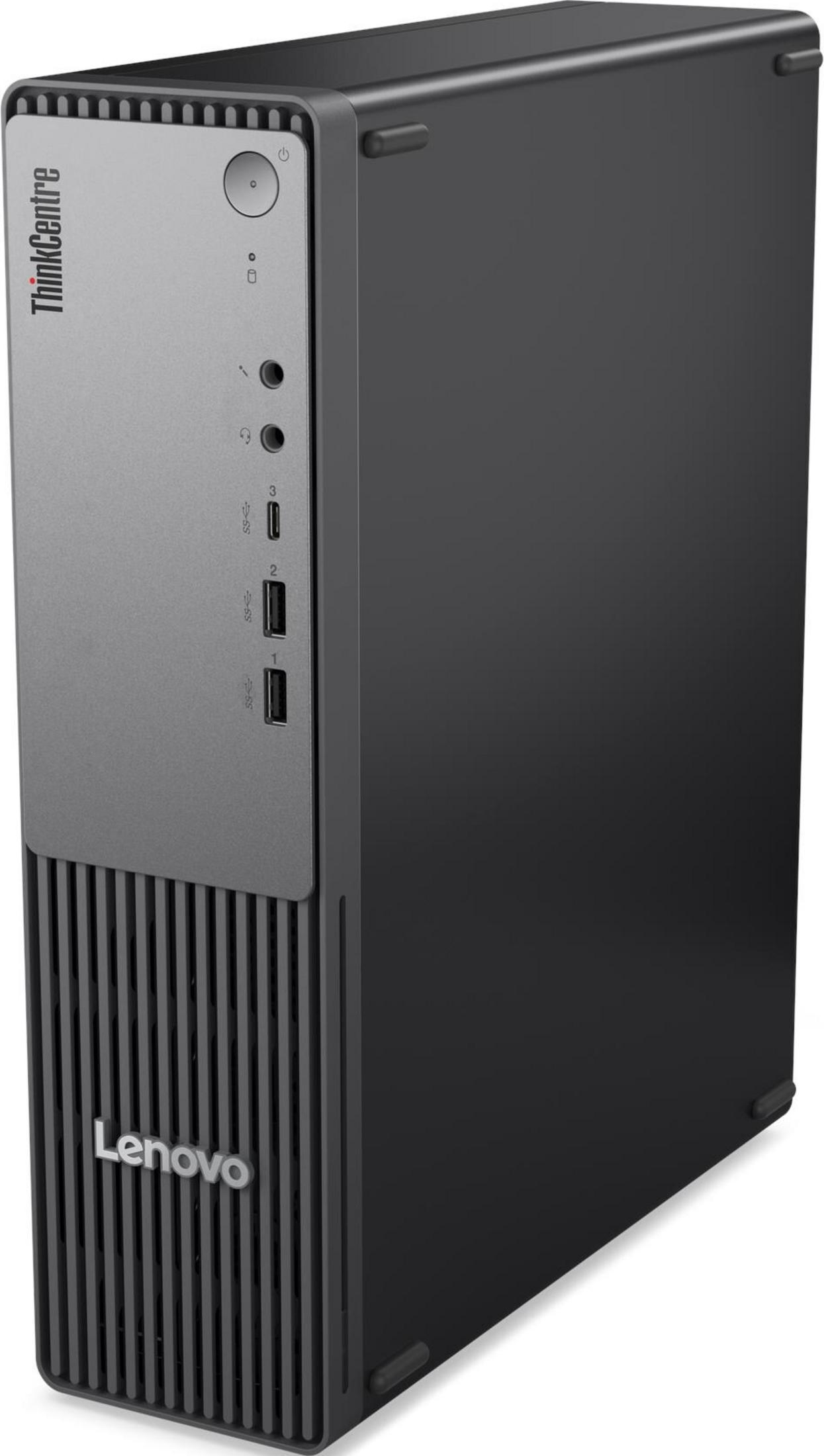 PC Lenovo ThinkCentre nero con pannello frontale argentato, porte USB e pulsante di accensione.