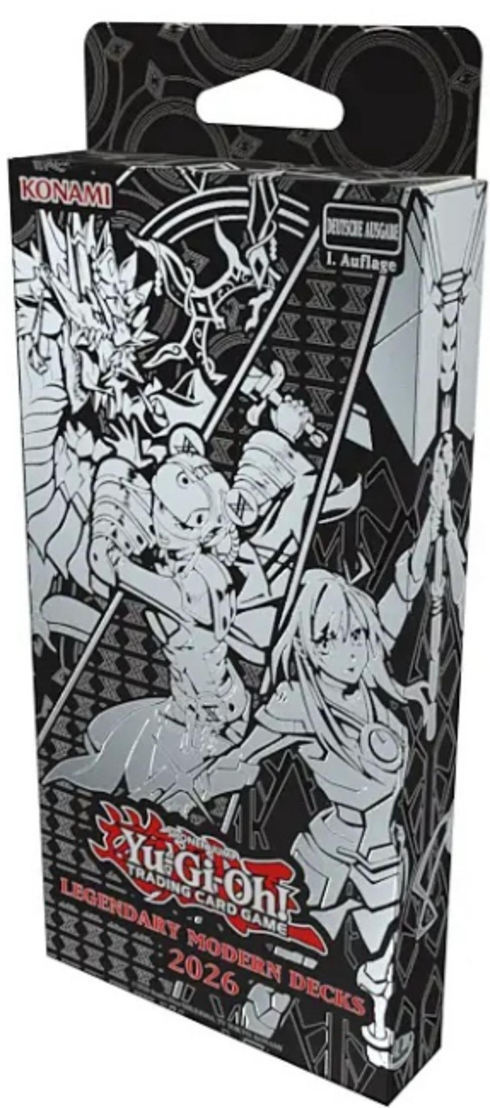 Yu-Gi-Oh! Sammelkartenspiel Box mit Anime-Figuren und Texten in Schwarz und Silber.
