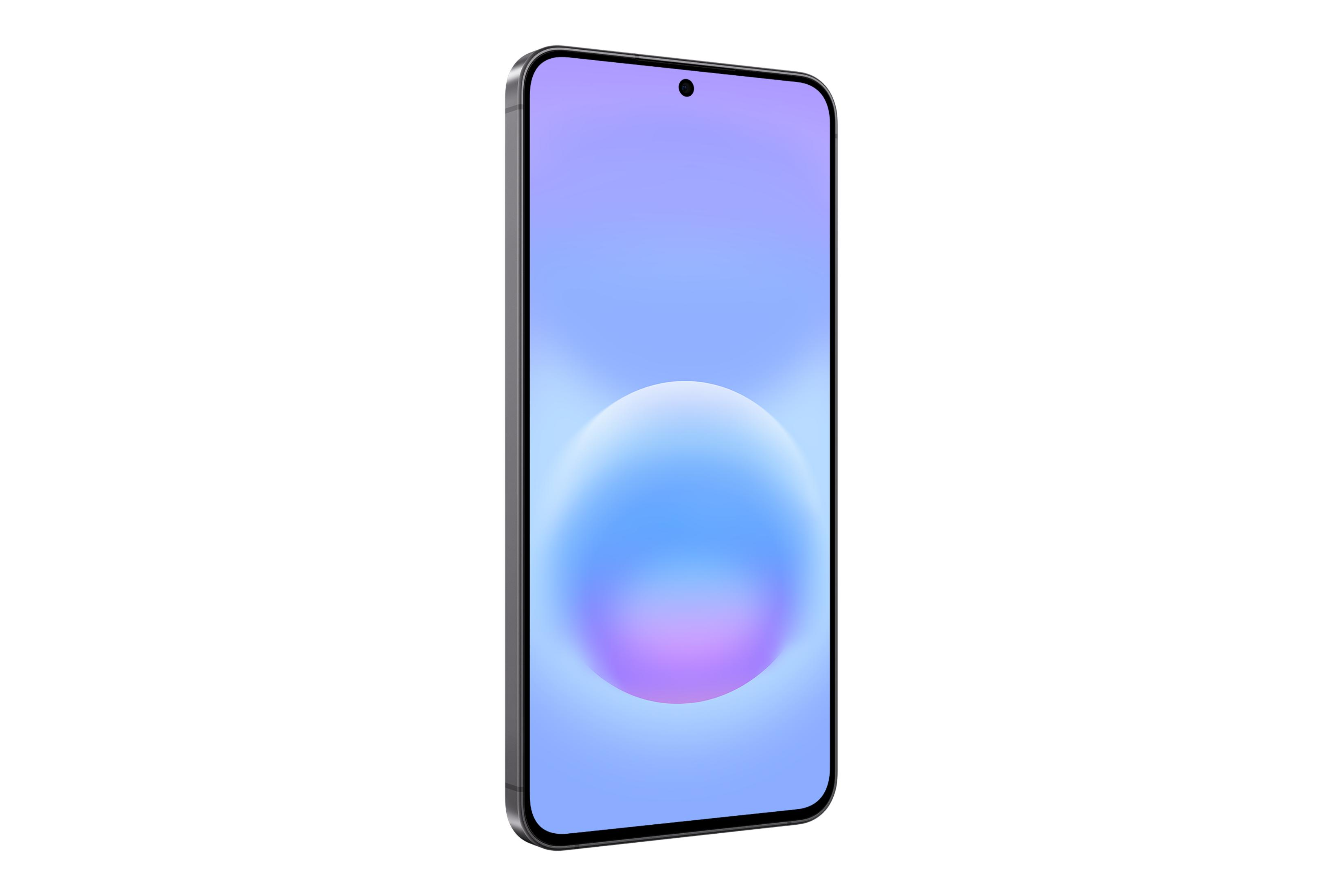 Uno smartphone con sfondo blu-viola e una grafica circolare.