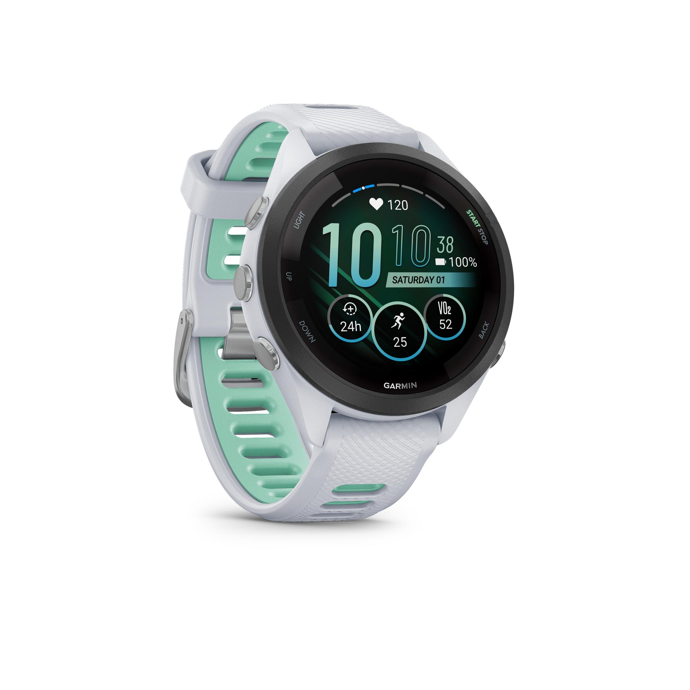 Reloj inteligente blanco y verde menta con pantalla digital que muestra hora y datos.