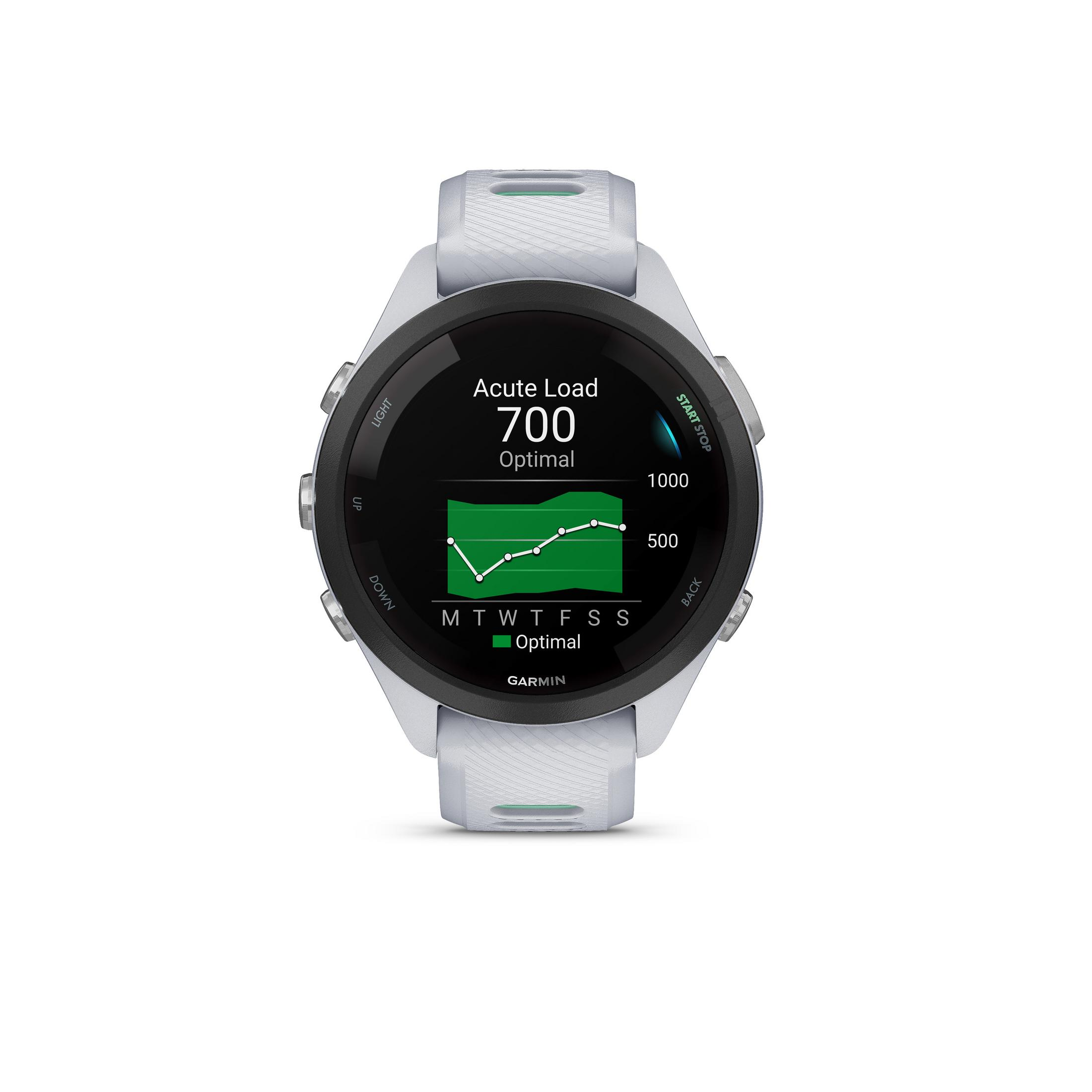 Un reloj inteligente Garmin blanco que muestra un gráfico de carga aguda.