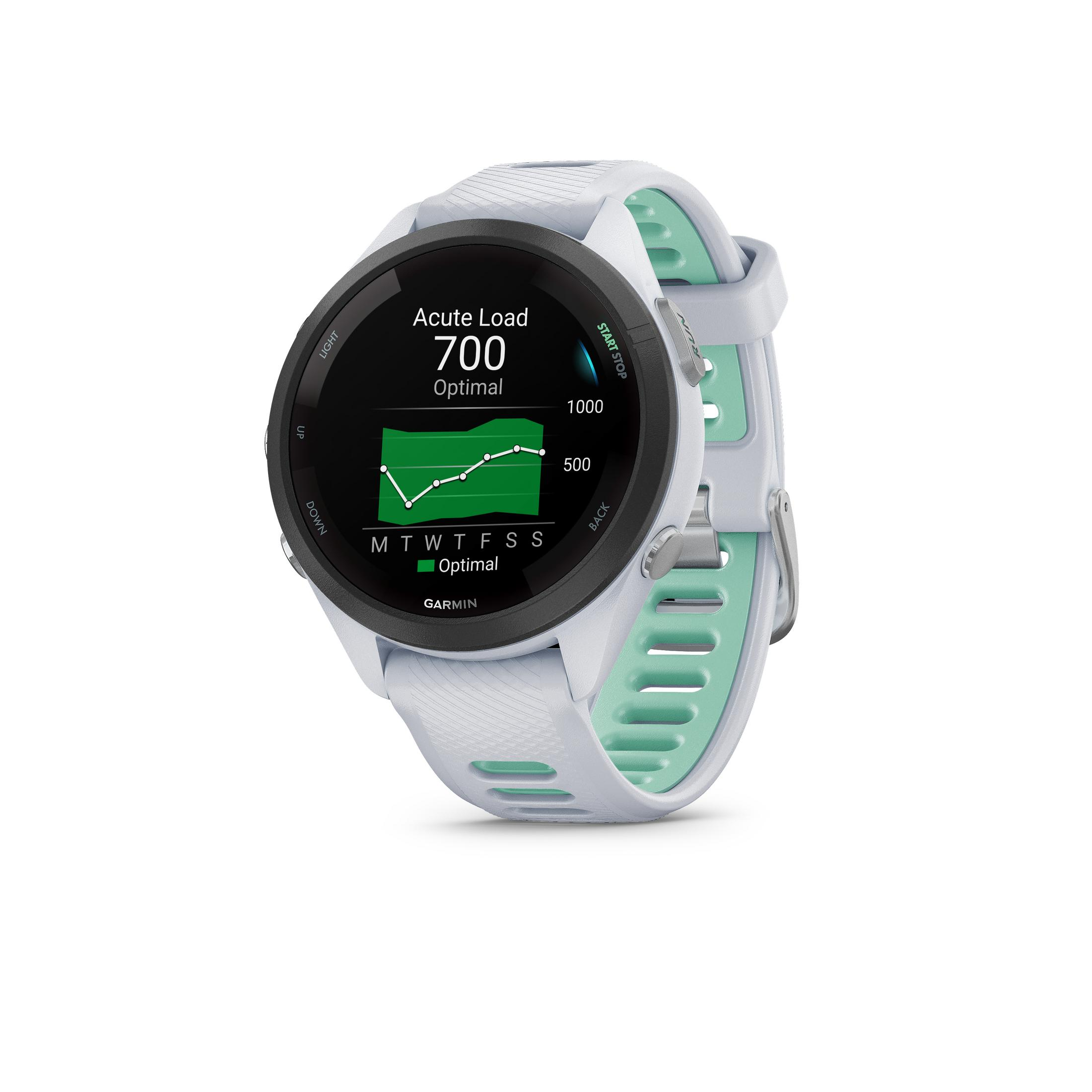 Reloj deportivo blanco con acentos verde menta, muestra gráfico de carga.