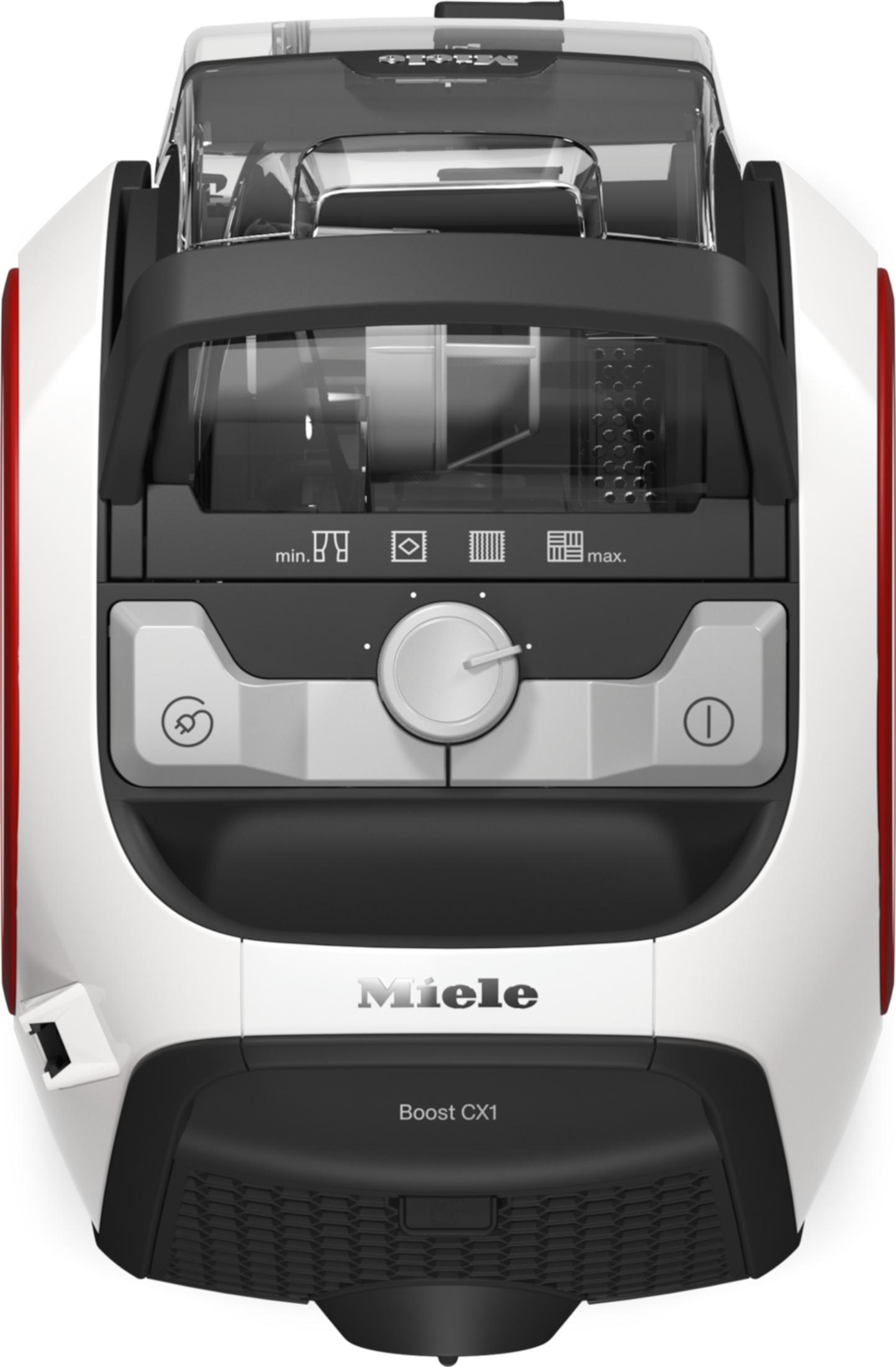 Şeffaf toz haznesi ve kontrolleri olan beyaz bir Miele Boost CX1 elektrikli süpürge.