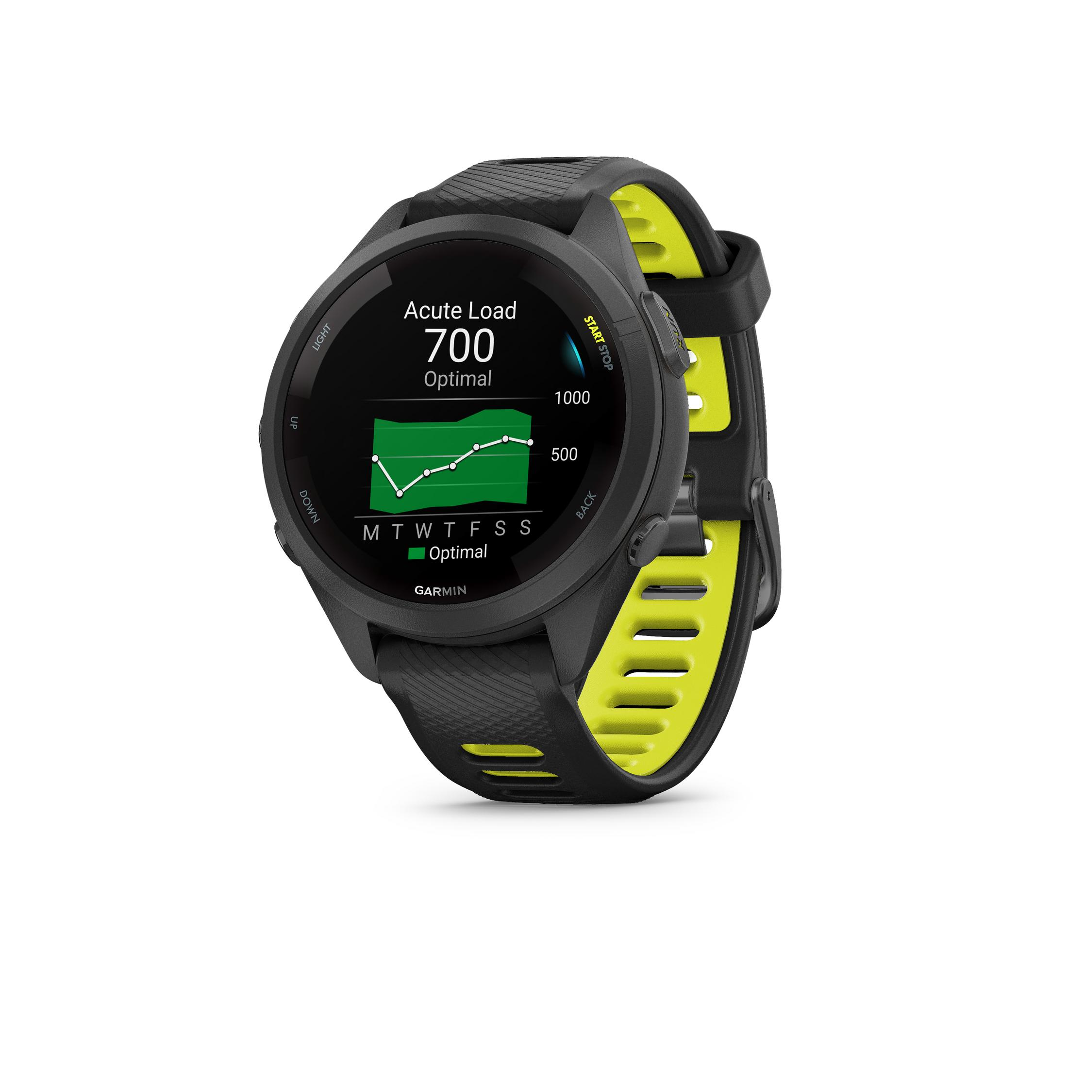 Orologio sportivo Garmin nero con accenti gialli e display dati.