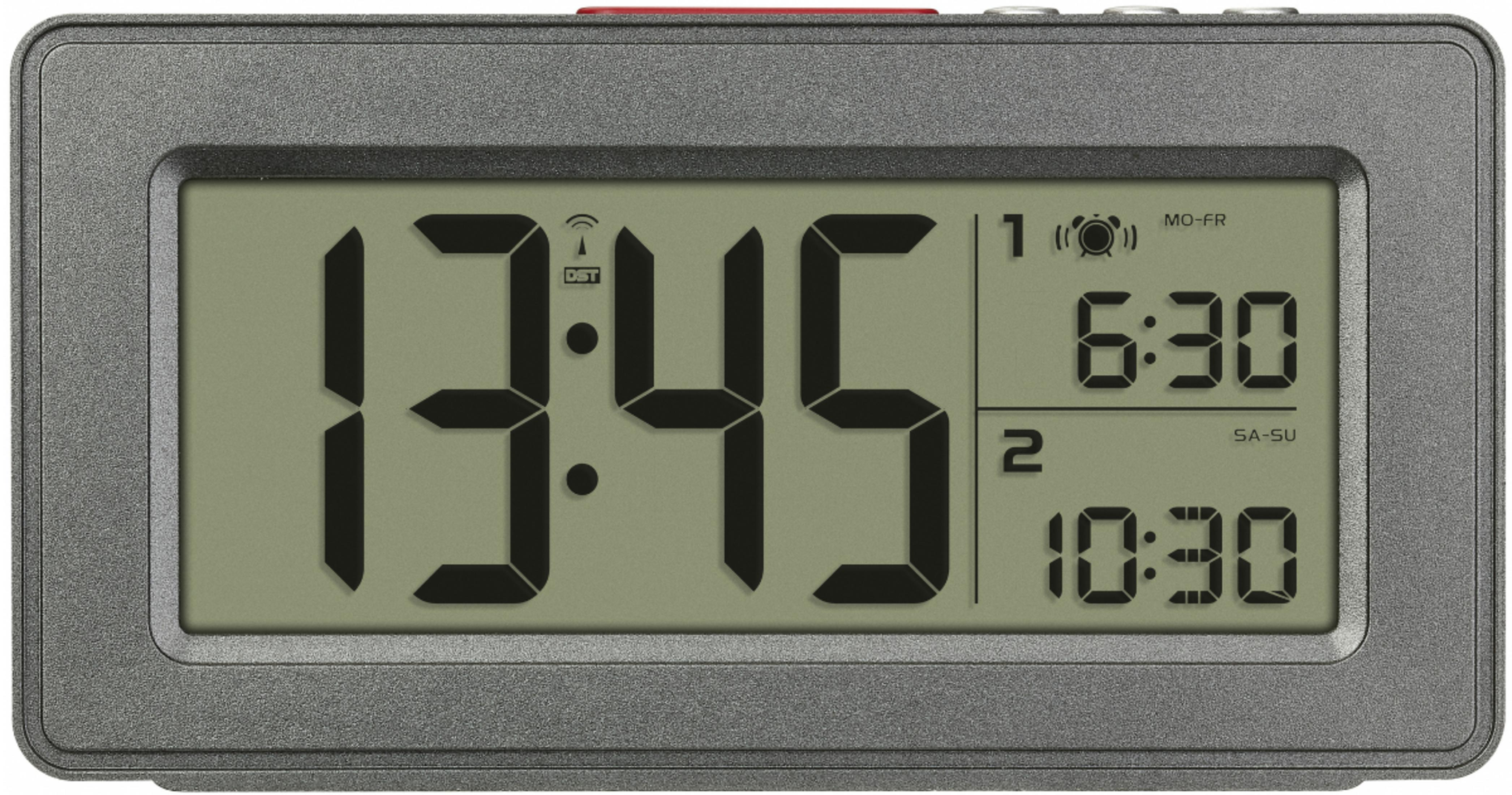 Réveil numérique gris affichant 13:45 et deux heures d'alarme.