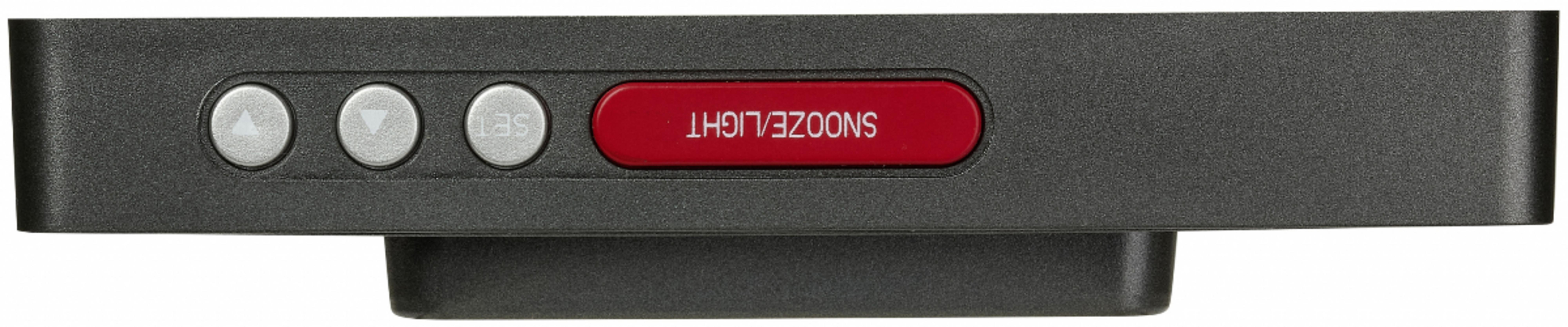 Appareil noir avec trois boutons argentés et un bouton rouge Snooze/Light.