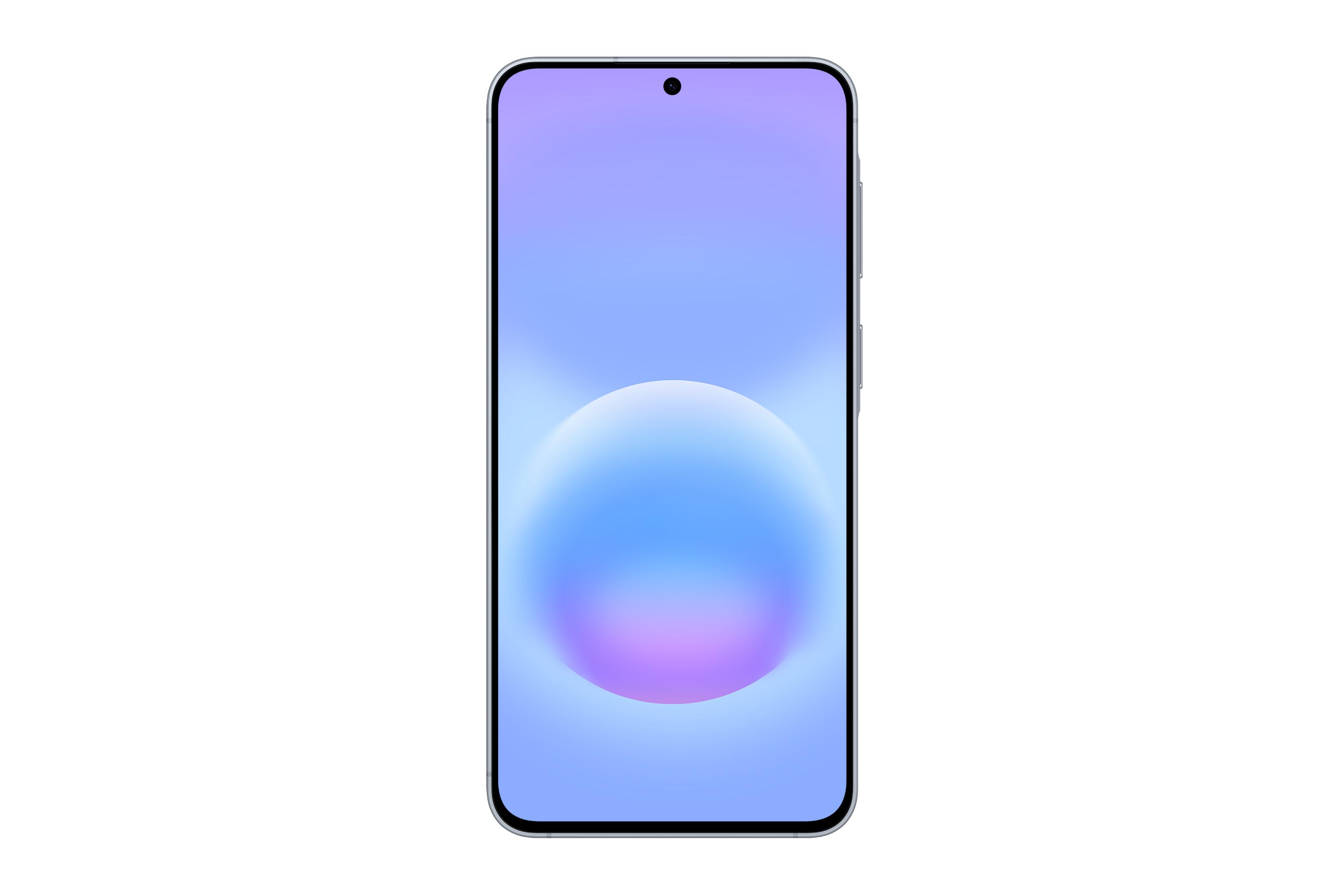 Ein schlankes Smartphone mit einem blauen und violetten Hintergrundbild.