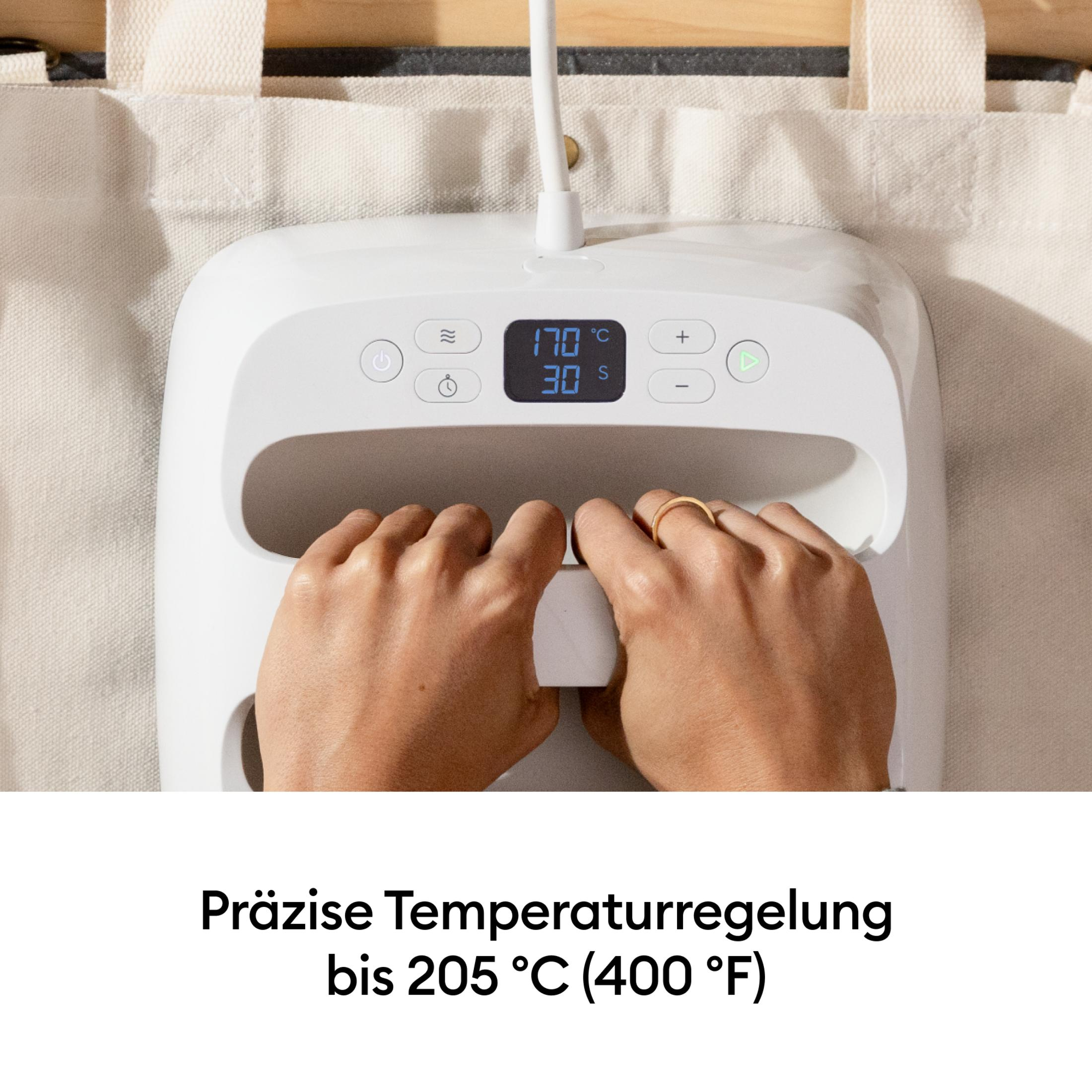Una prensa de calor blanca con manos operándola. La pantalla muestra 170°C, 30s.