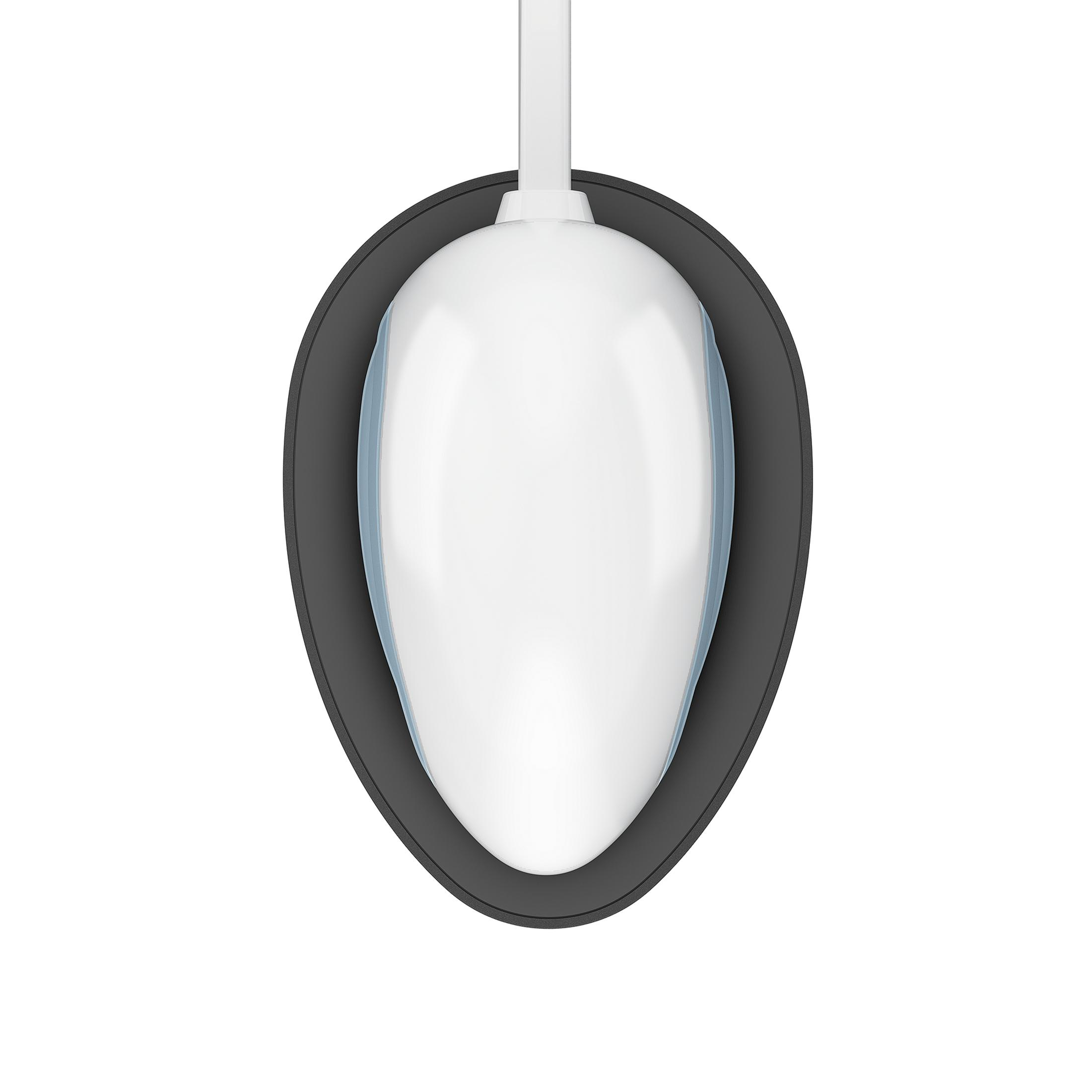 Un objeto blanco con forma de huevo con un anillo gris y un cable blanco.