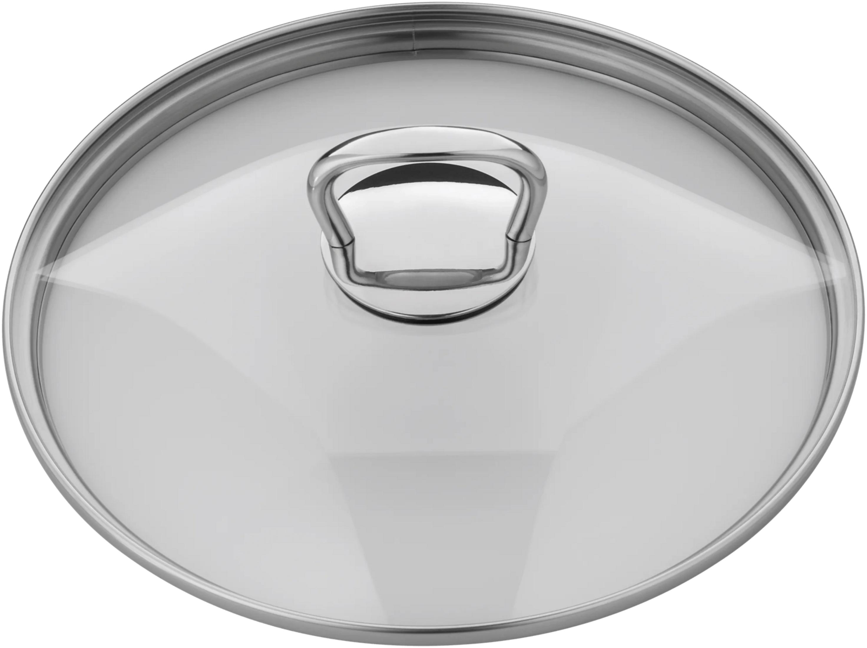 Ein runder Glasdeckel mit einem Metallgriff und einem silbernen Rand.