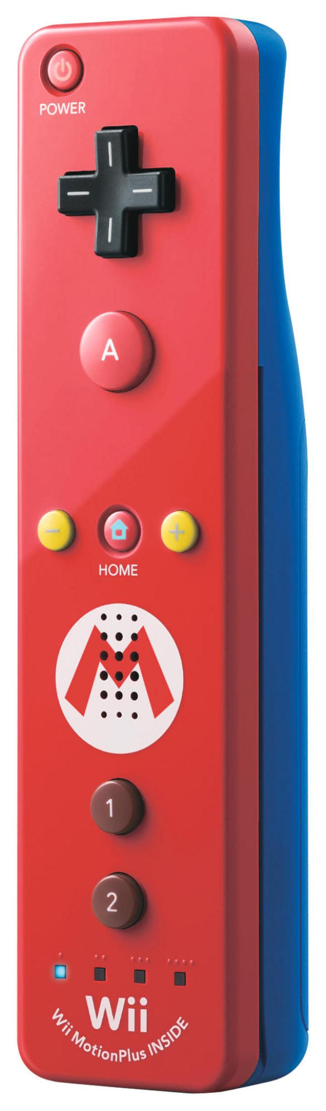 Ein roter und blauer Wii-Controller mit Power-, A-, Home-, 1- und 2-Tasten.