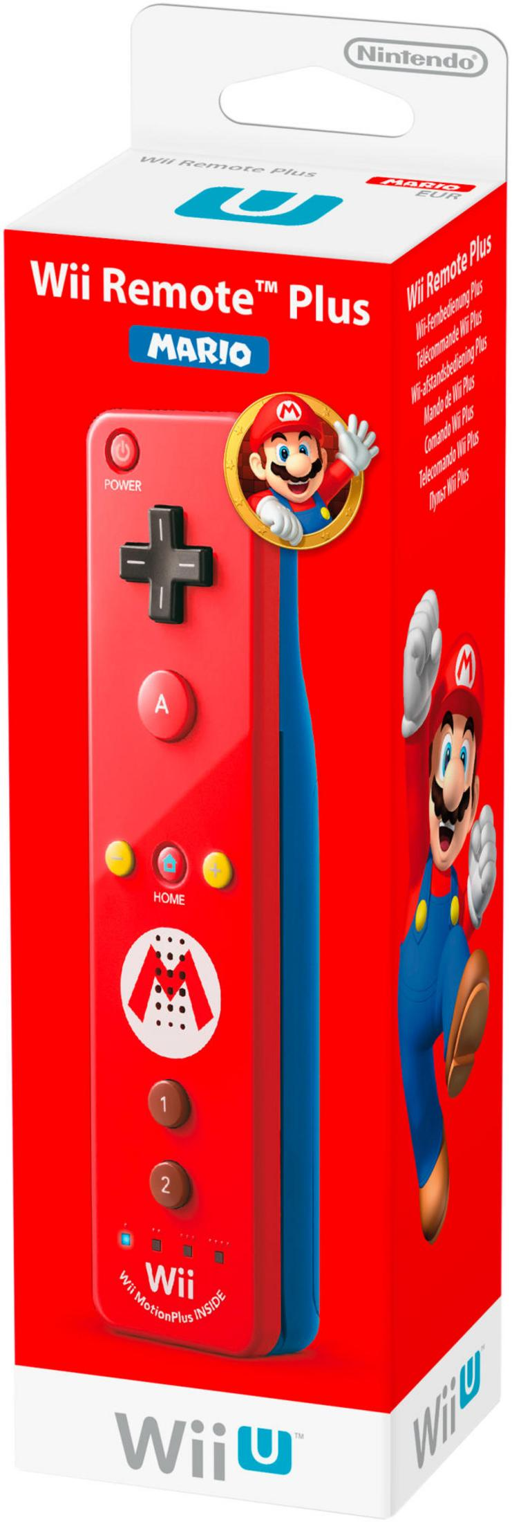 Verpackung für eine rote Wii Remote Plus mit Mario-Motiv und Nintendo-Logo.