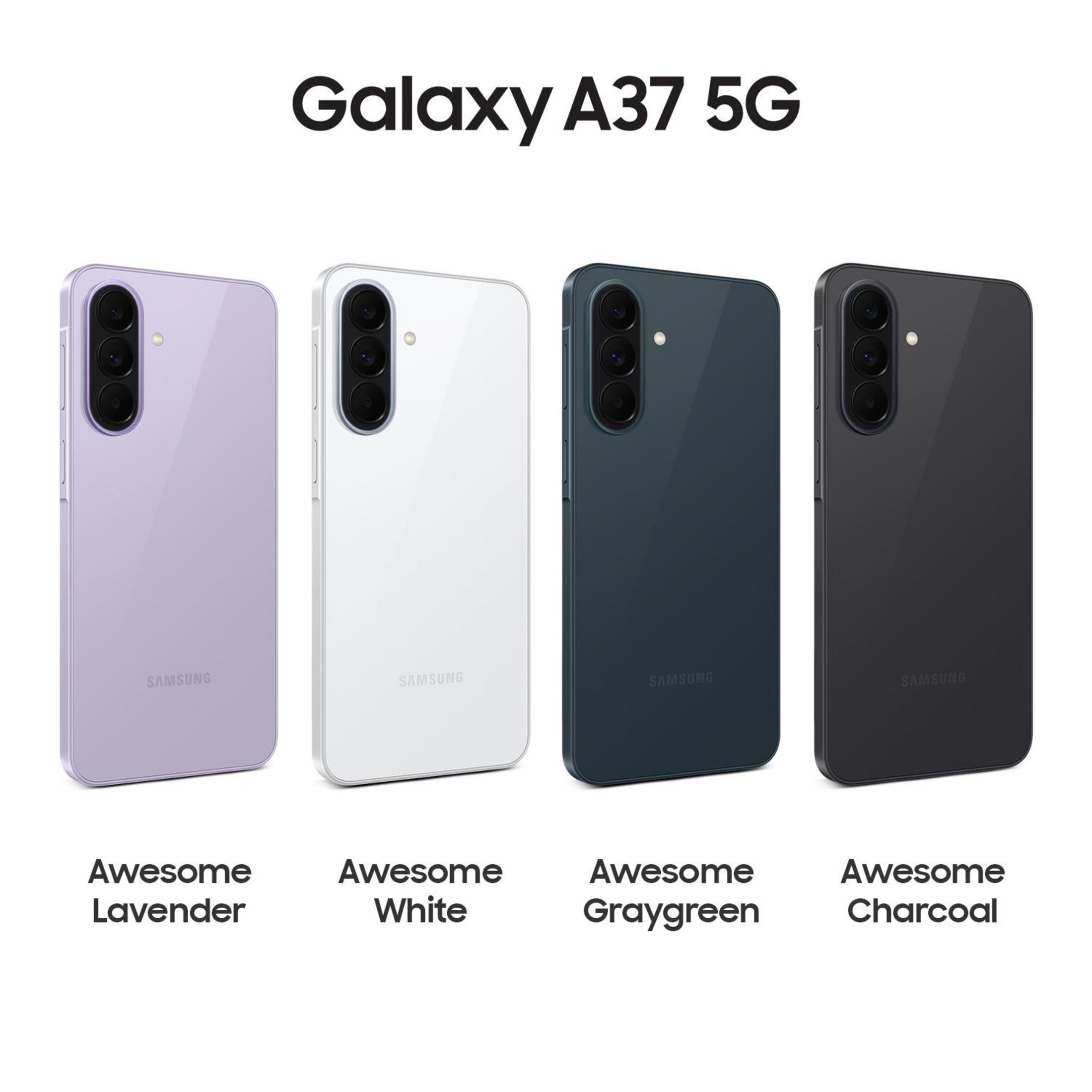 Cuatro teléfonos Samsung Galaxy A37 5G en lavanda, blanco, gris y carbón.