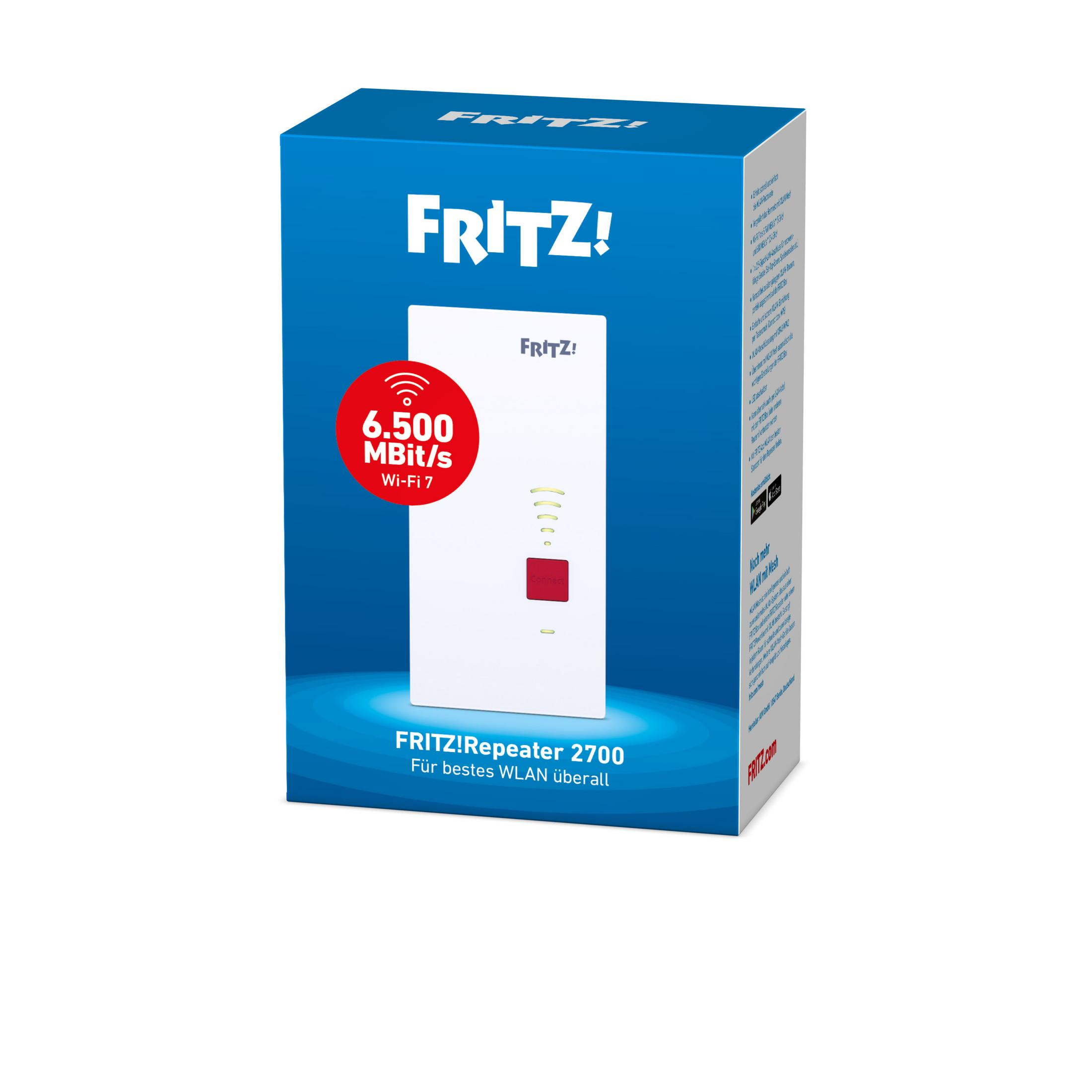 Packaging for a FRITZ!Repeater 2700 with Wi-Fi 7 and 6,500 MBit/s.
